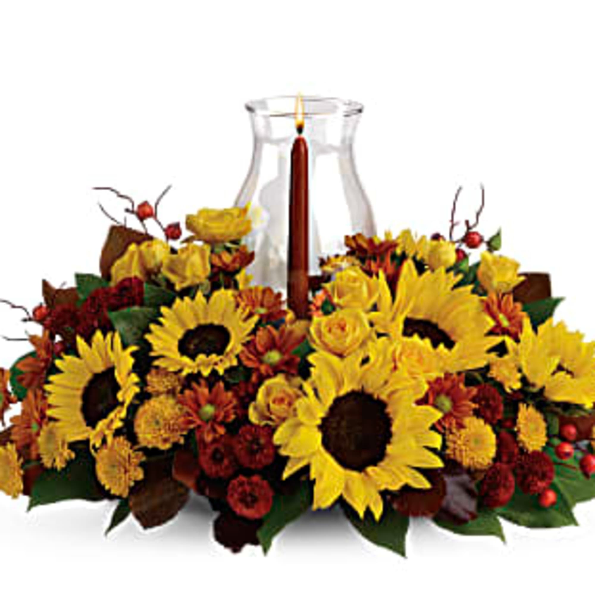 Sunflower and autumn floral centerpiece with a glass hurricane candle holder