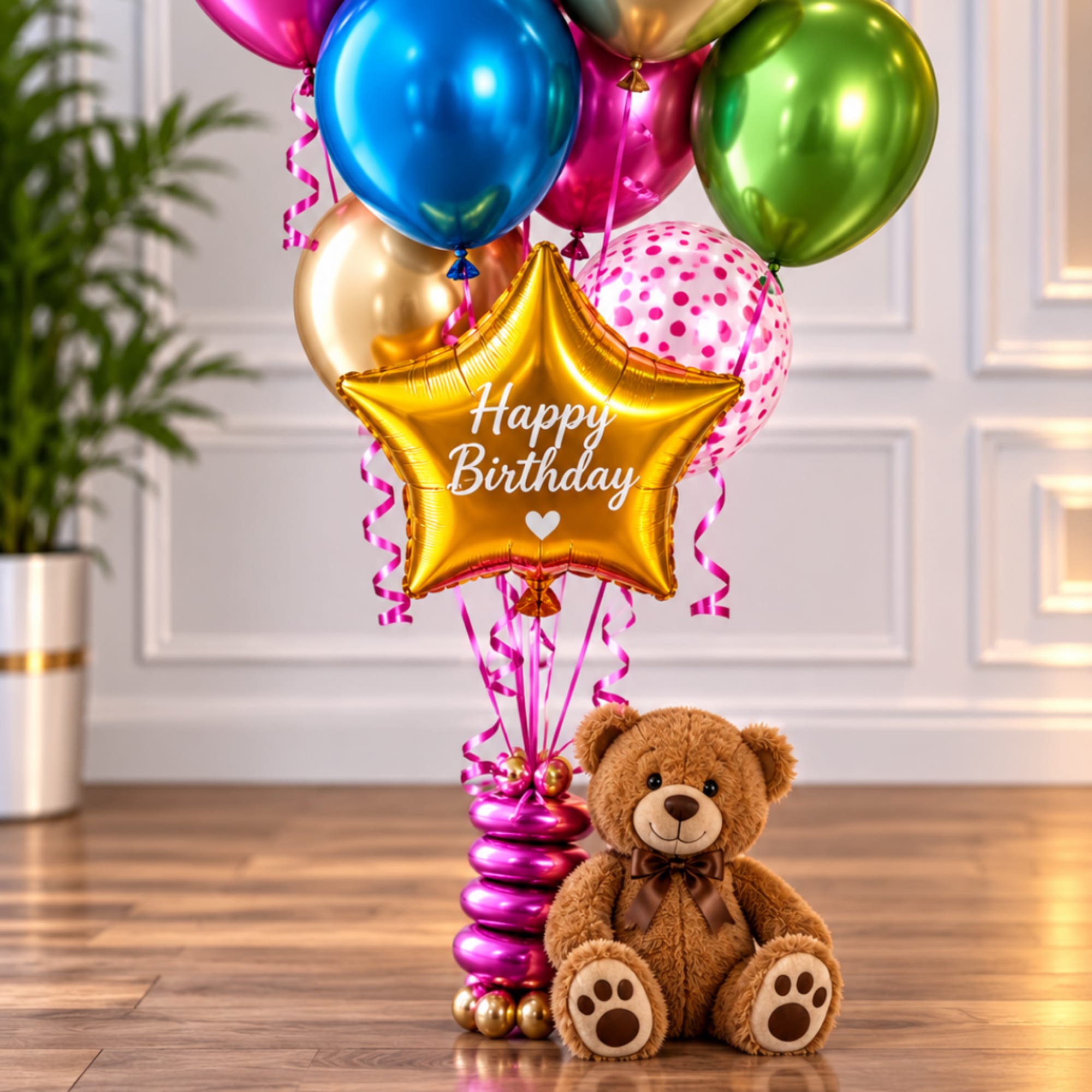 Birthday balloon bouquet with a teddy bear on the floor