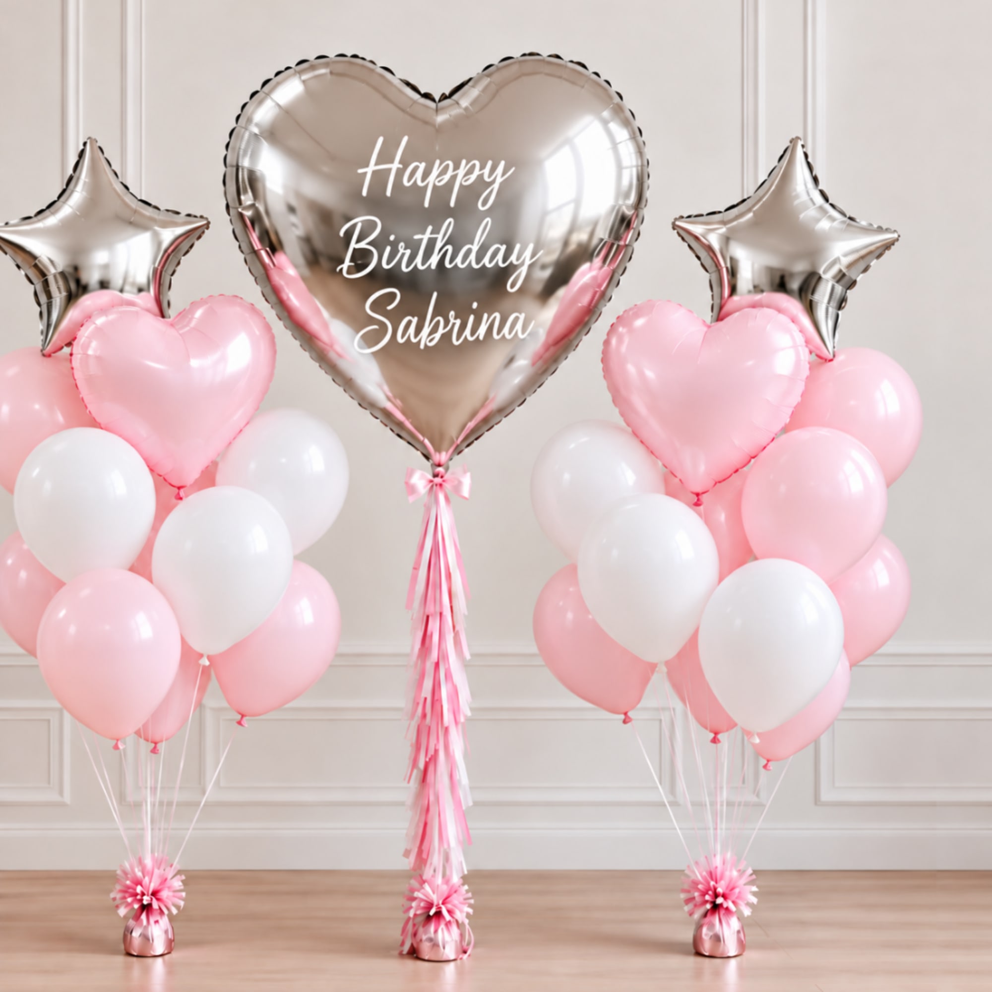 Pink and white birthday balloon arrangement with a silver heart balloon