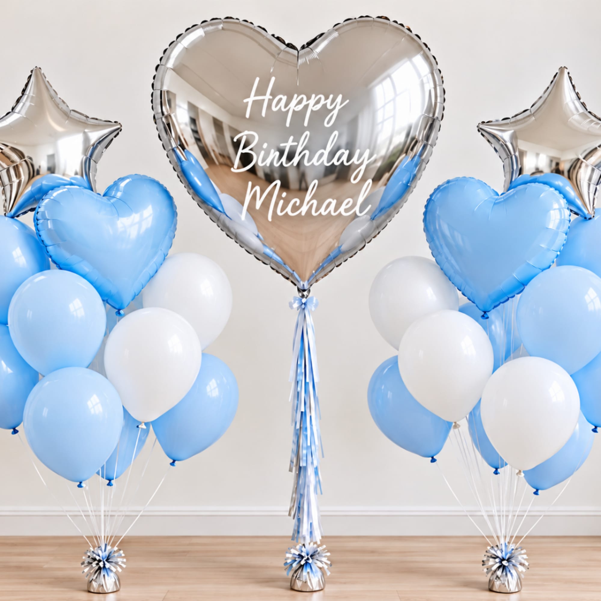 Birthday balloon display with silver heart and star balloons and blue and white balloons