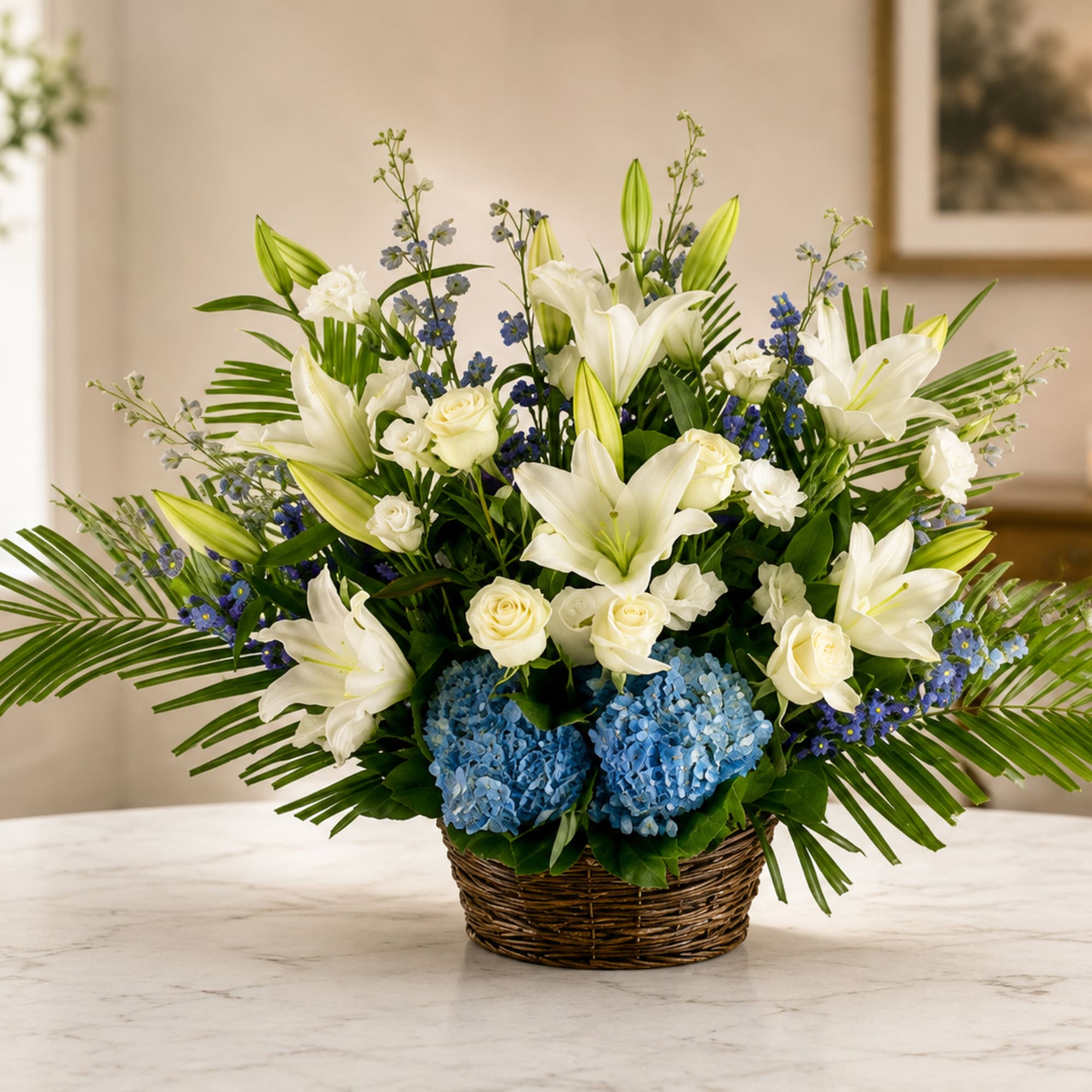 A blue, white, and green funeral basket for any type of service.