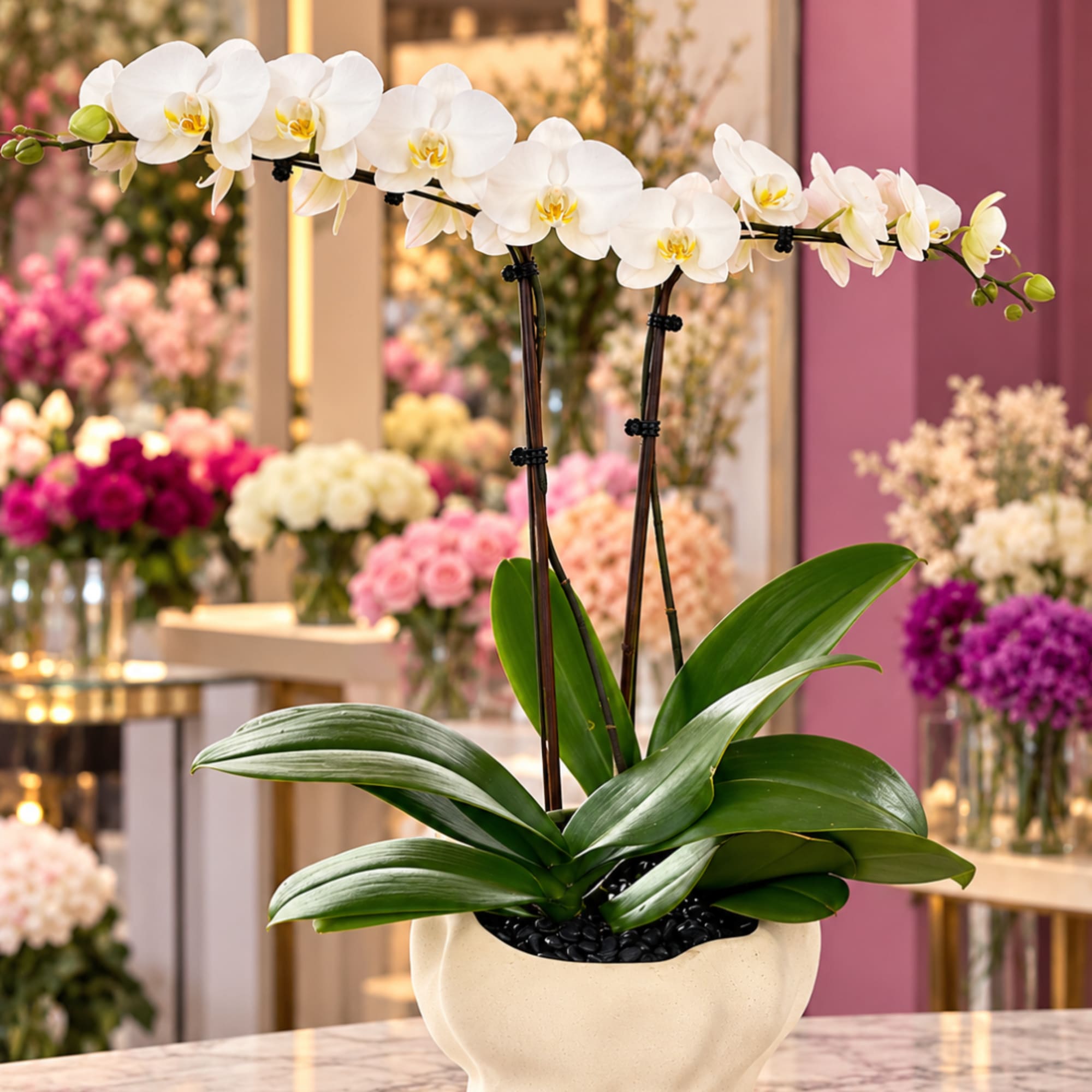 White orchid plant in a cream pot with broad green leaves