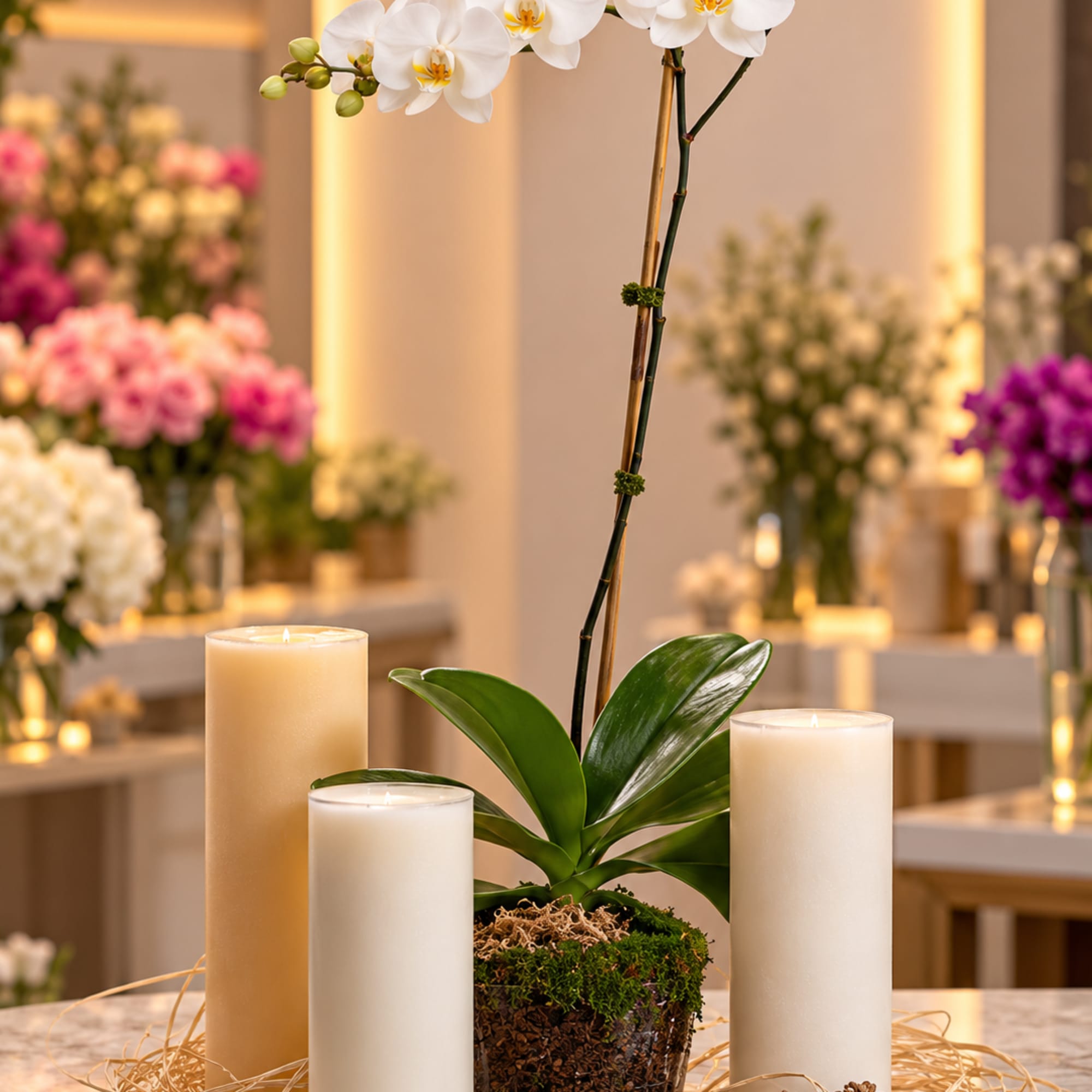 White orchid in a mossy container with three pillar candles