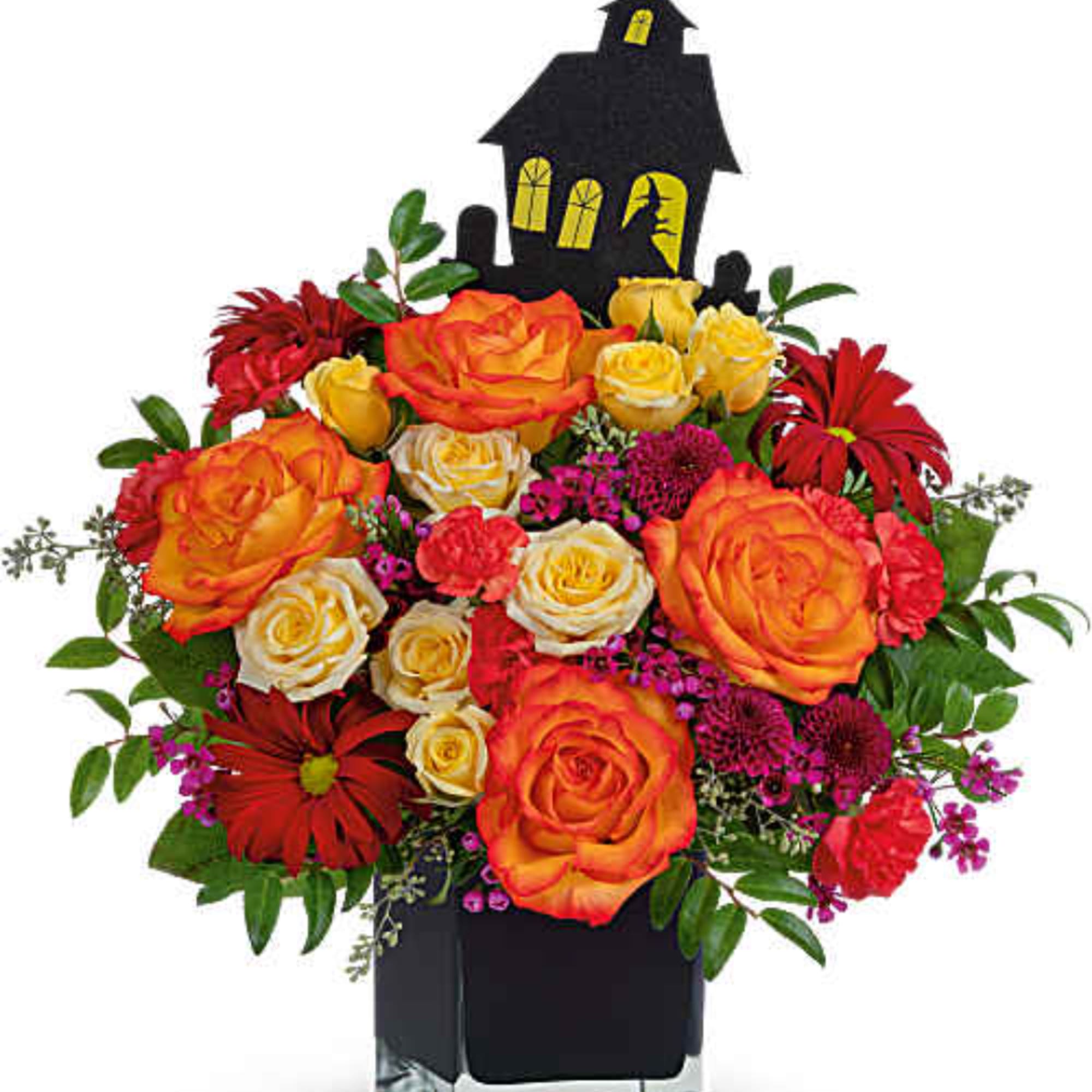 Halloween bouquet with orange and red roses in a black haunted house container