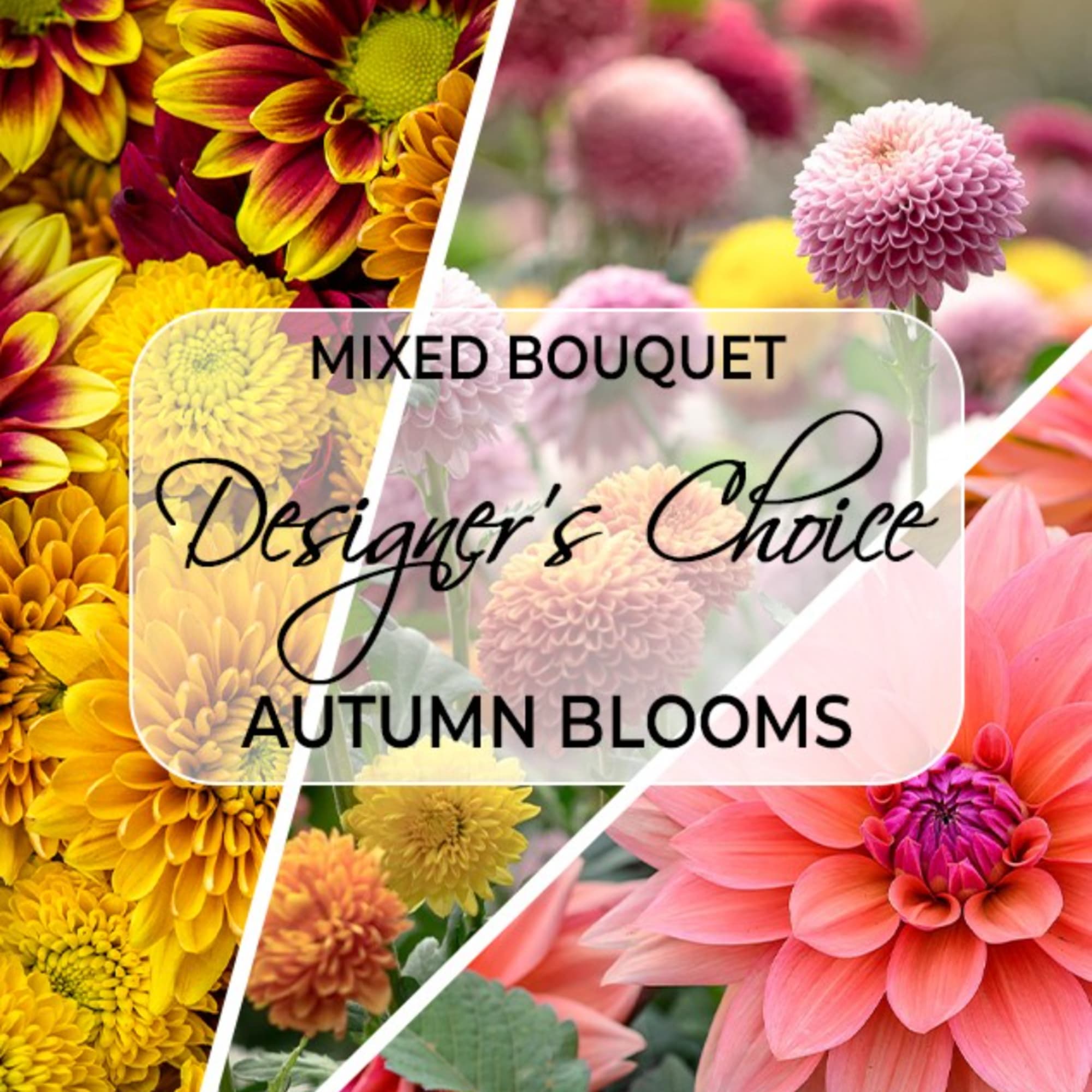 Collage of autumn flowers with mixed bouquet text overlay