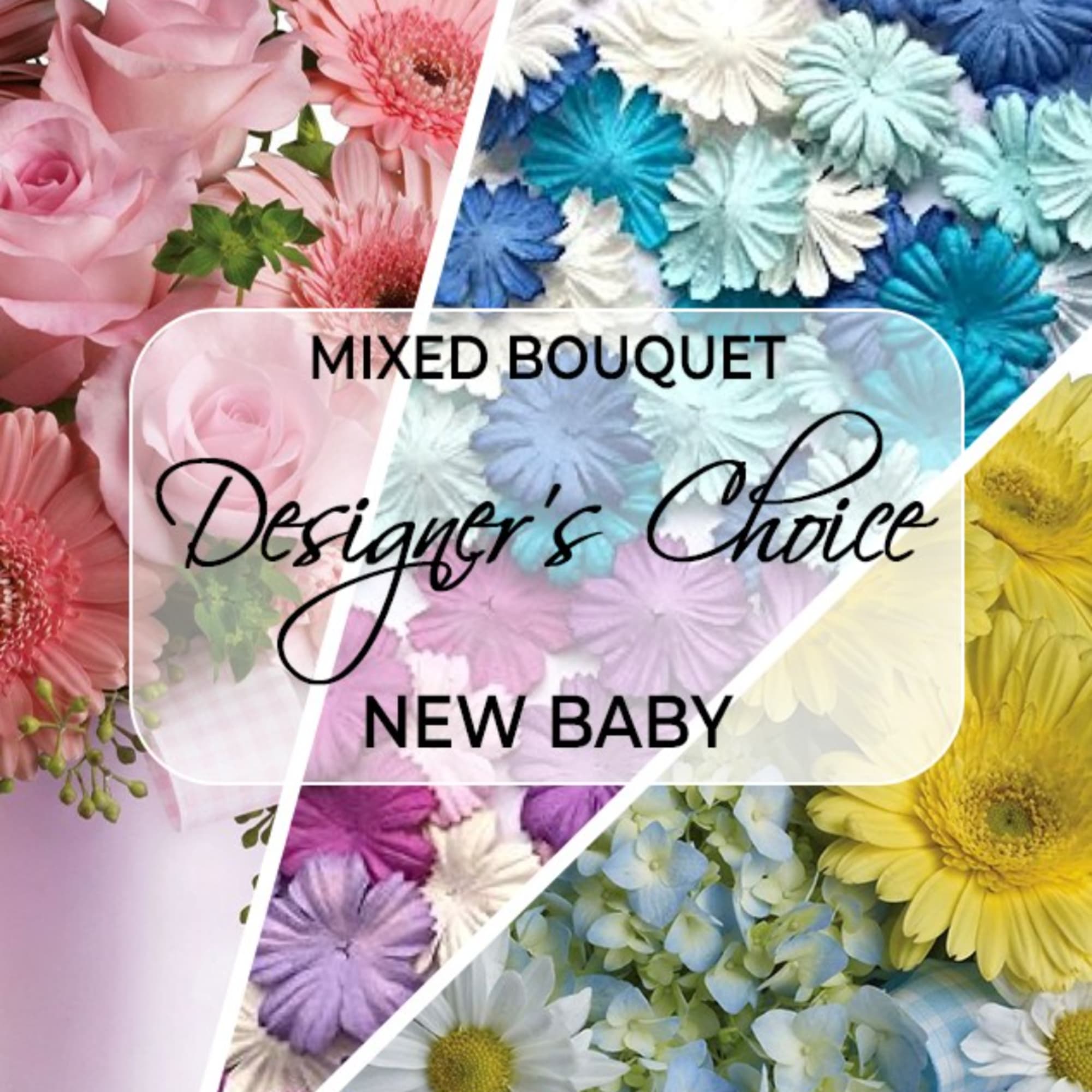 Collage of mixed bouquets in pink, blue, and yellow tones with text overlay.