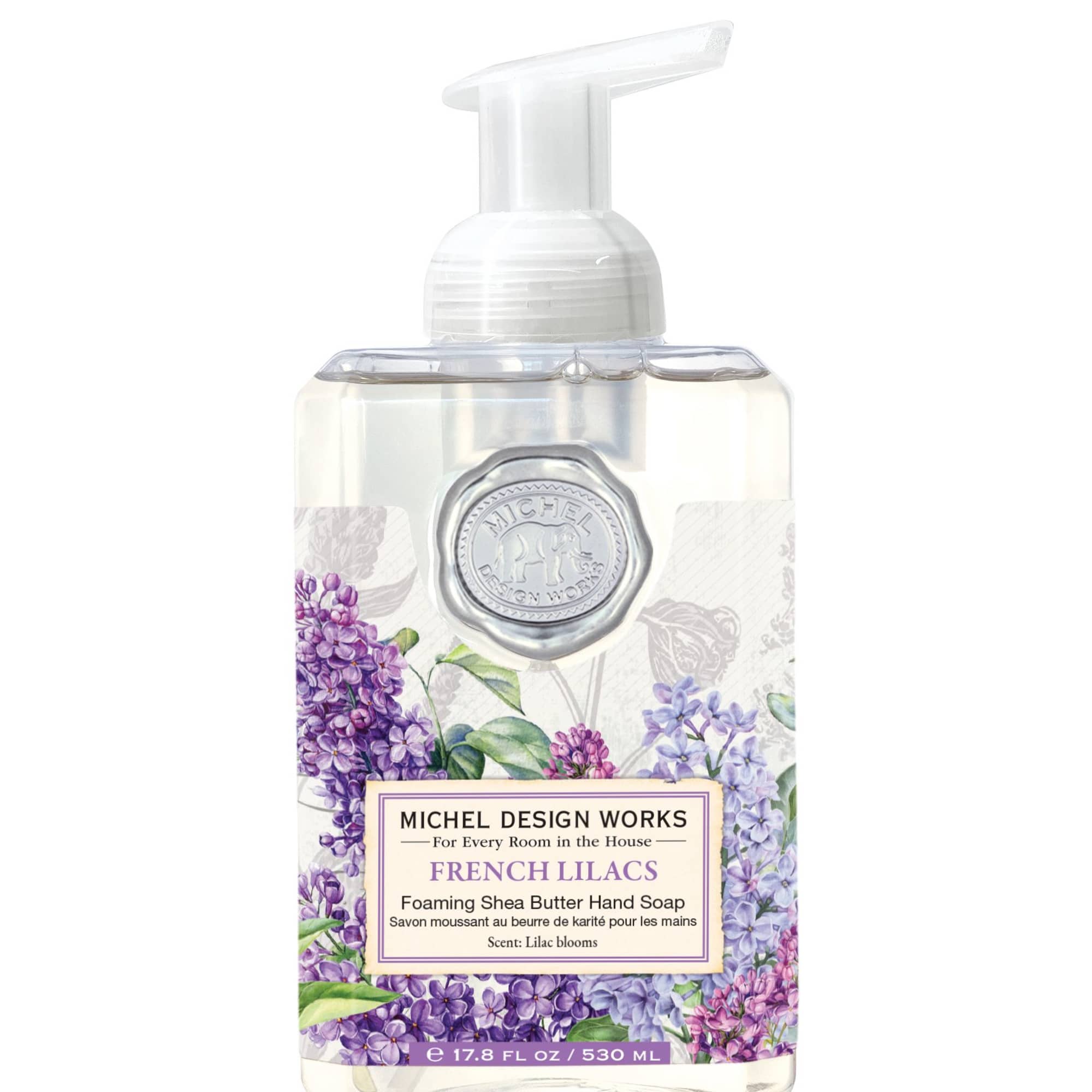 Bottle of French lilac foaming hand soap with floral label
