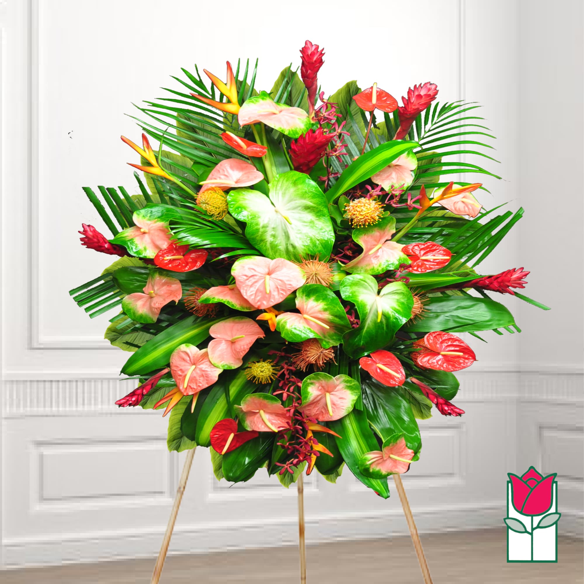Tropical floral standing spray with pink anthuriums and red ginger flowers