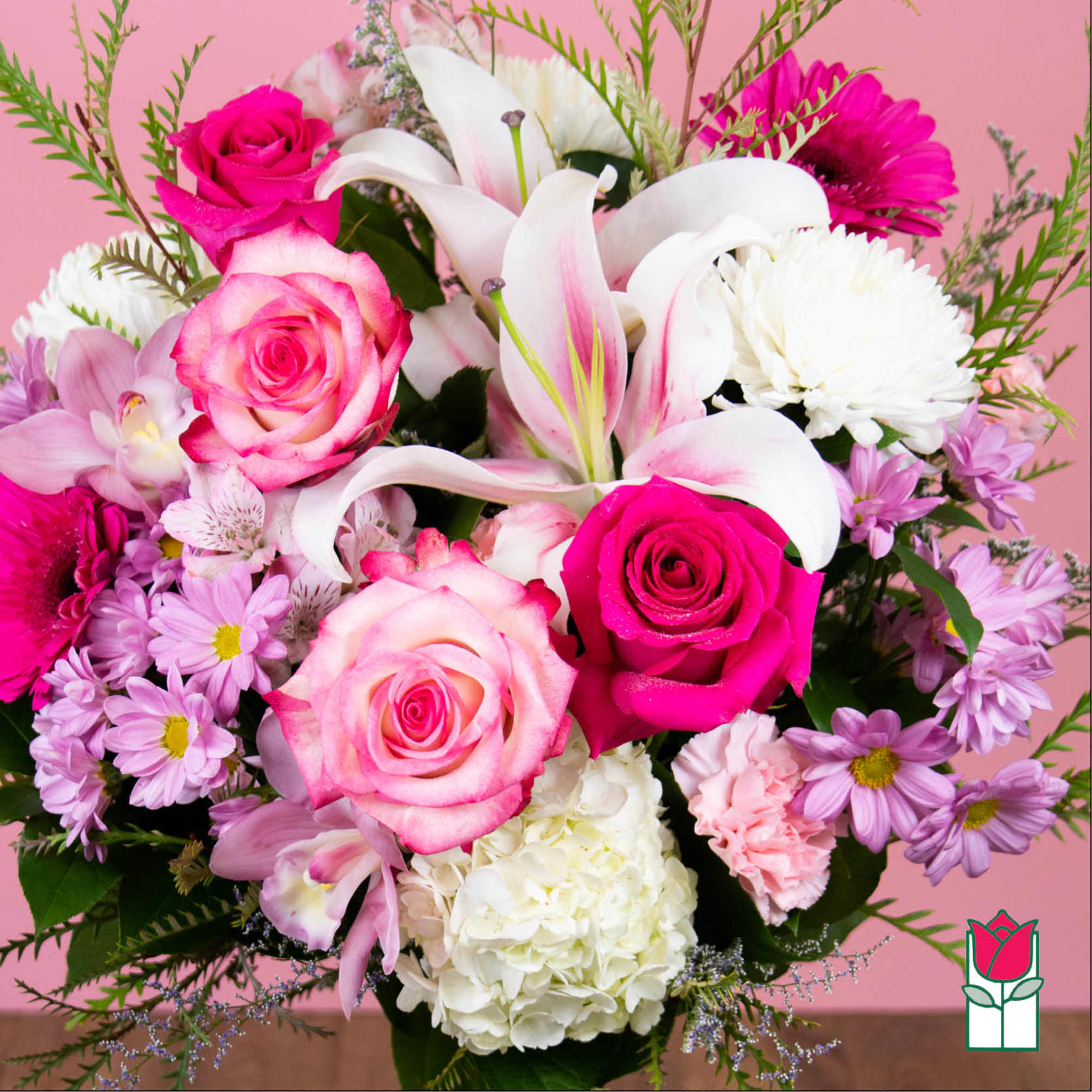 Pink and white bouquet with roses, lilies, and daisies, photo 5 of 6