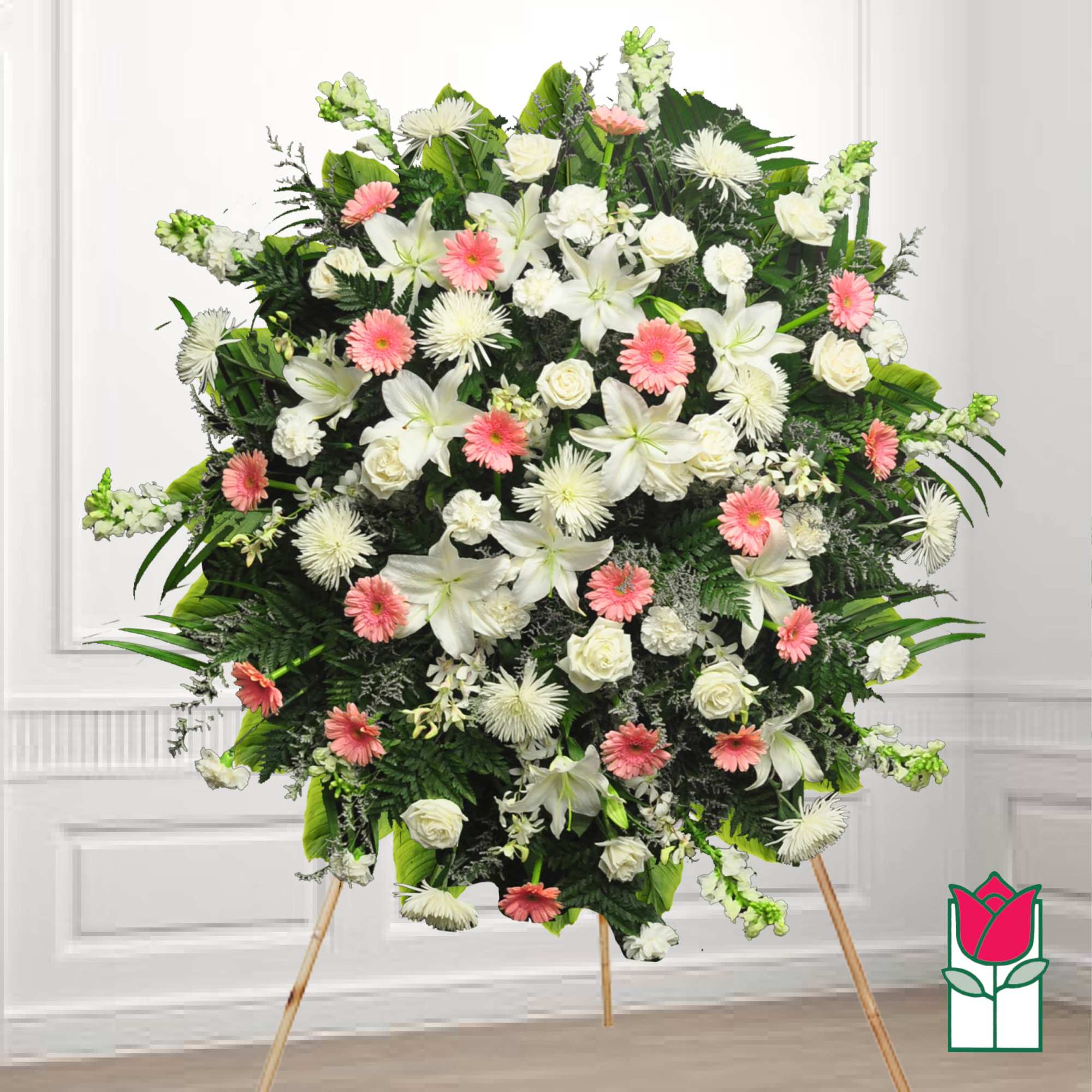 Standing floral spray with white lilies, roses, and pink daisies