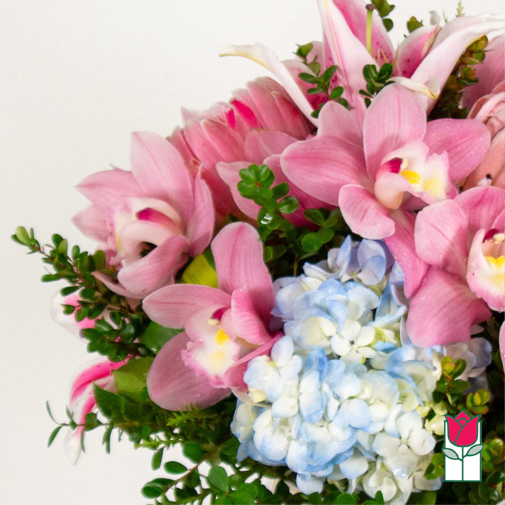 Pink orchids and blue hydrangea in a bouquet