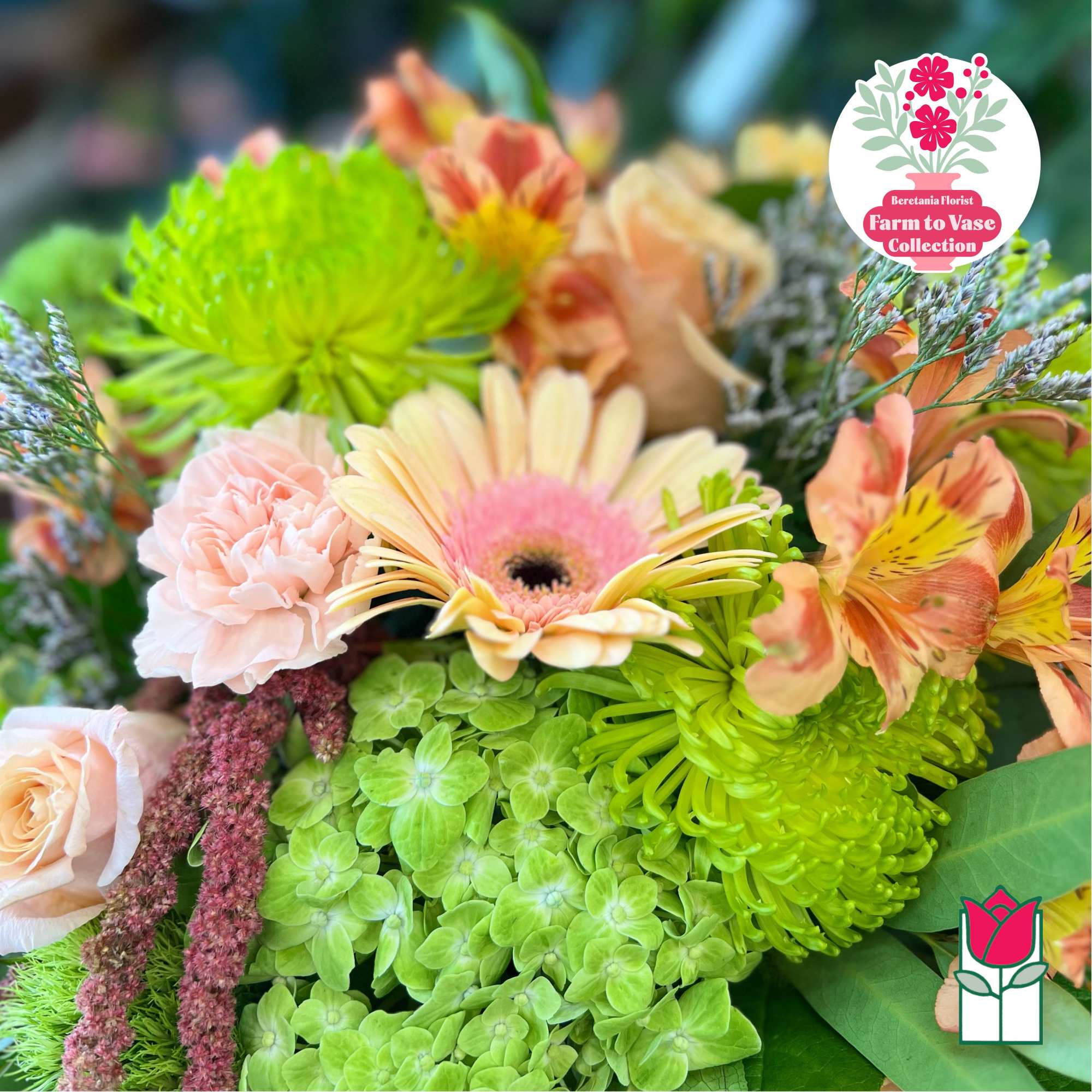 Mixed bouquet with green chrysanthemums, pink gerbera daisies, and peach alstroemeria