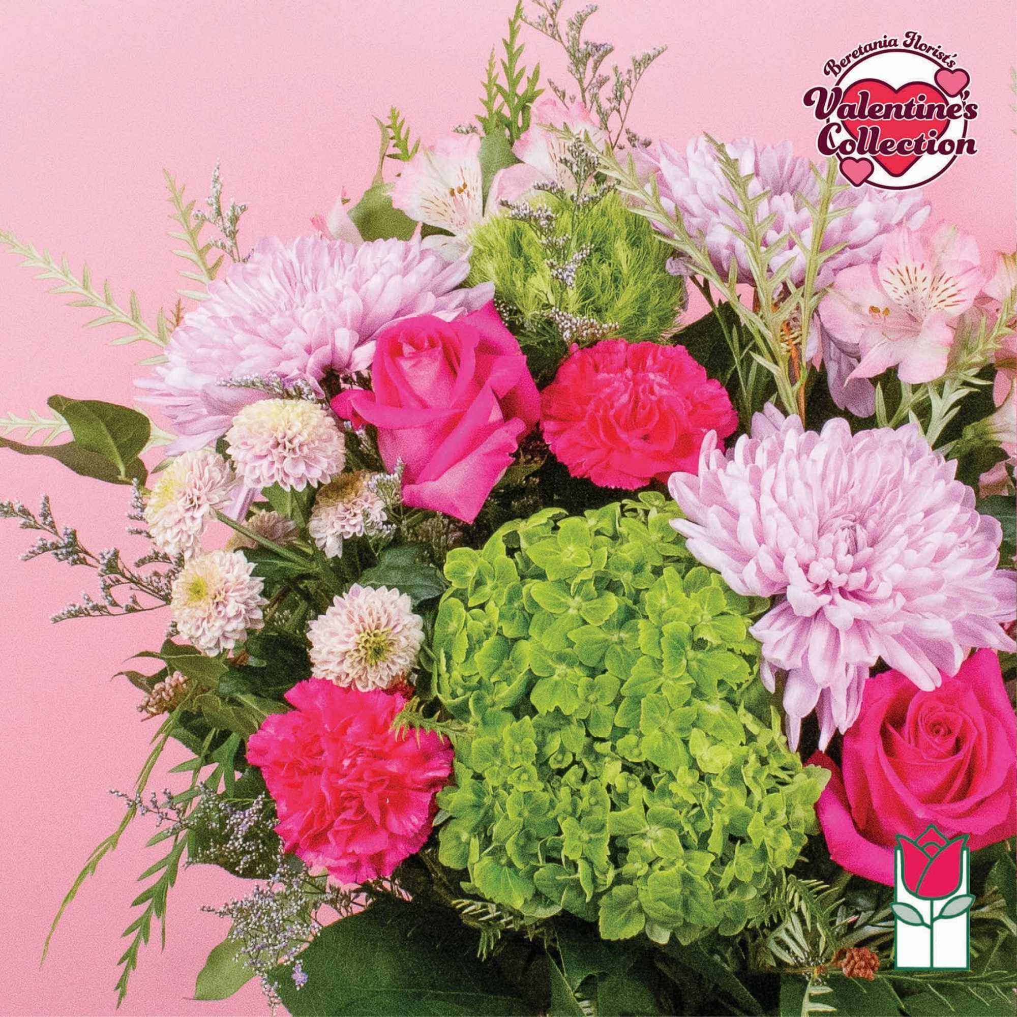 Pink and green mixed bouquet with roses, chrysanthemums, and hydrangea