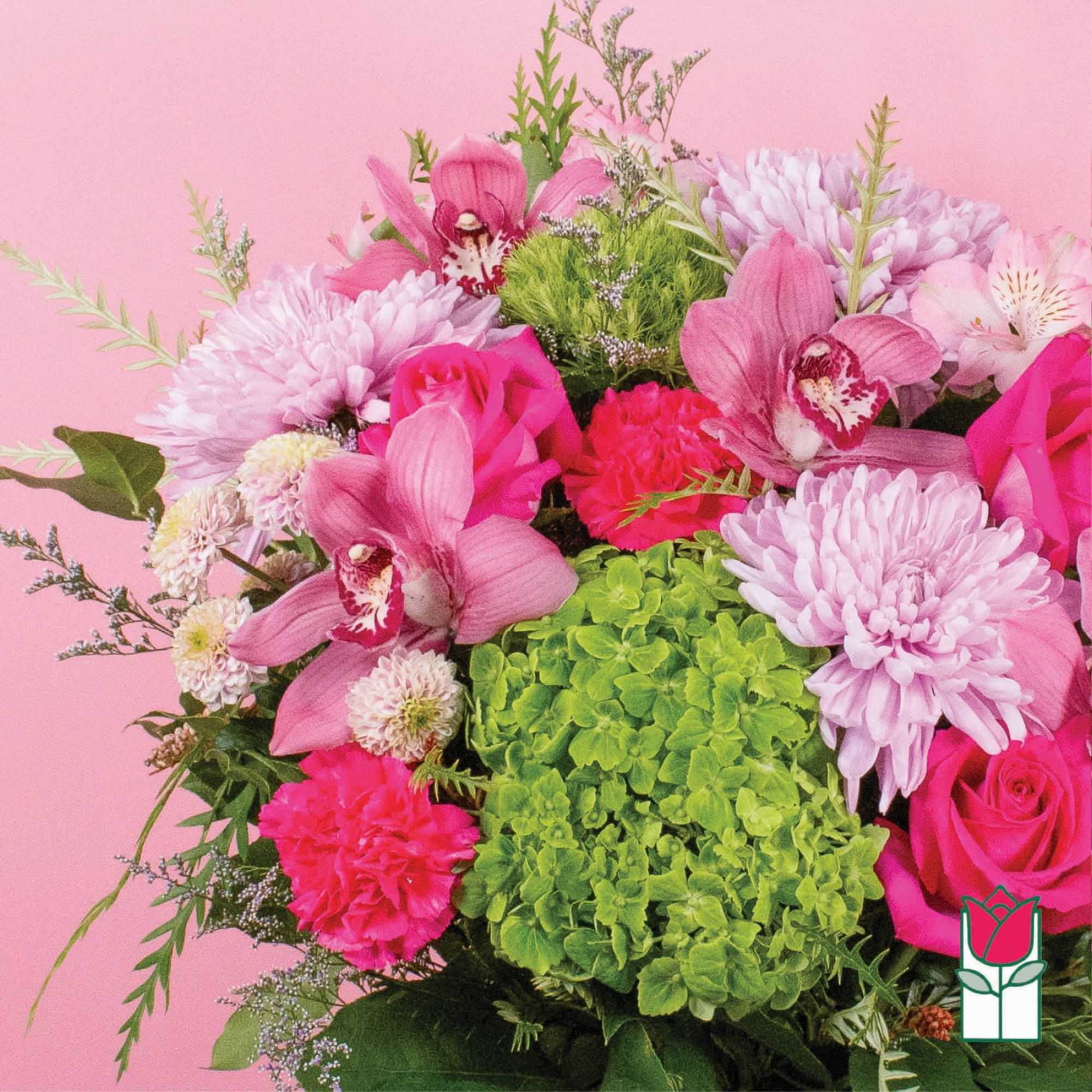Pink bouquet with orchids, roses, chrysanthemums, and green hydrangea, photo 3 of 8