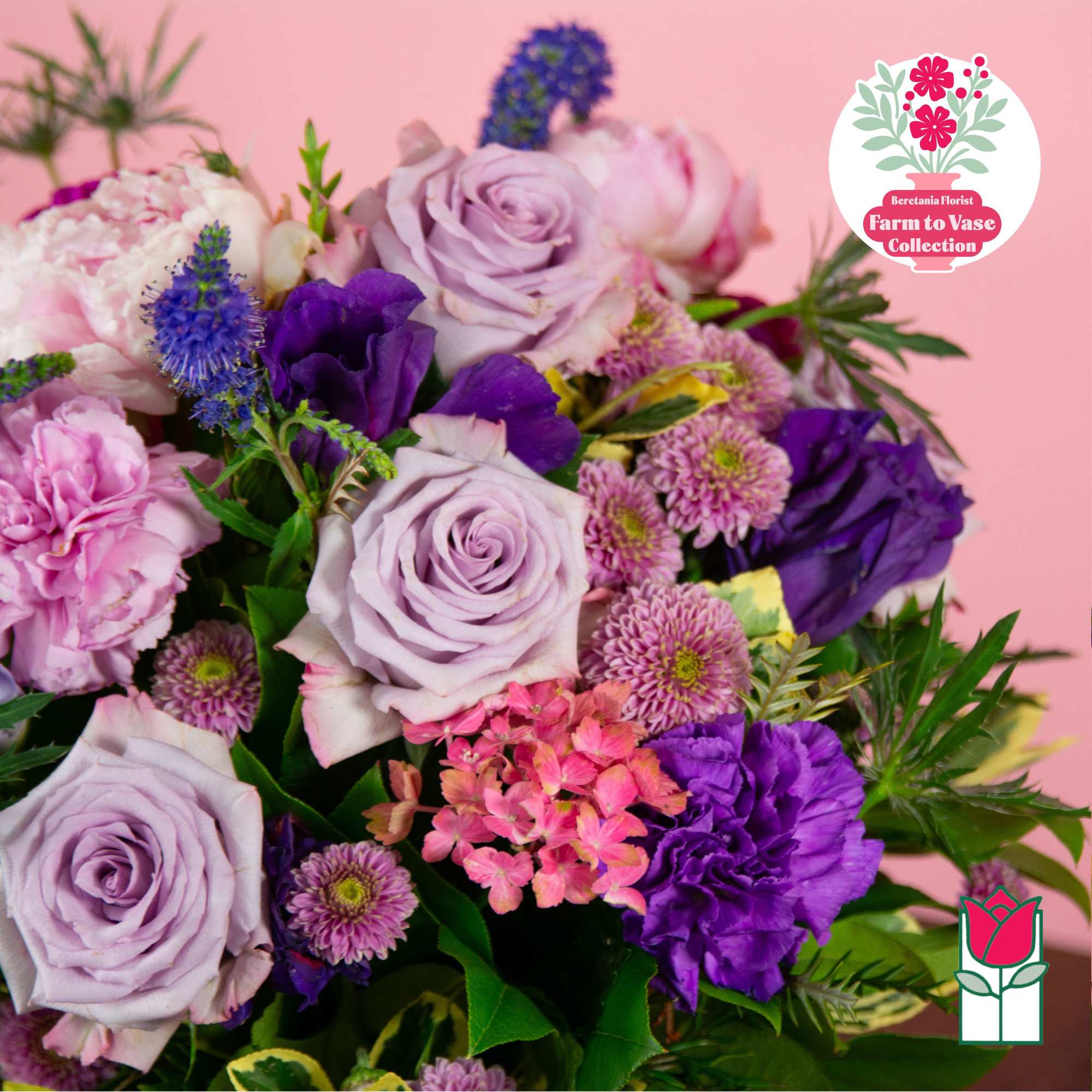 Bouquet of lavender roses, purple blooms, and pink flowers