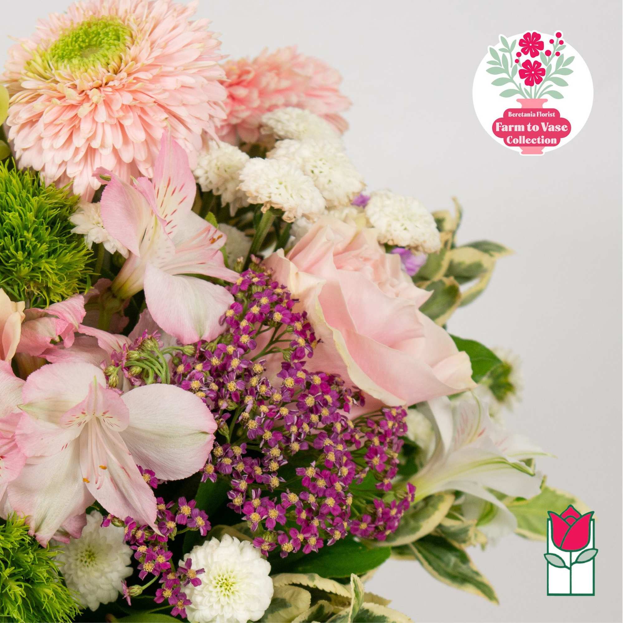 Pink and white mixed bouquet with a large daisy-like bloom