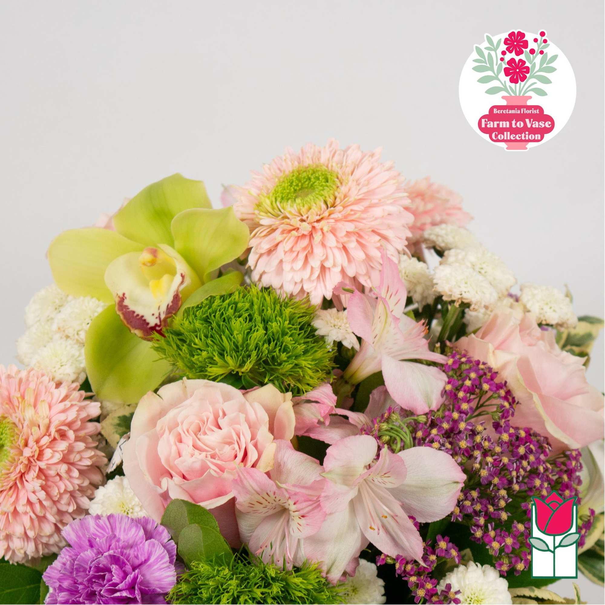 Mixed bouquet with pink roses, orchids, and green chrysanthemums