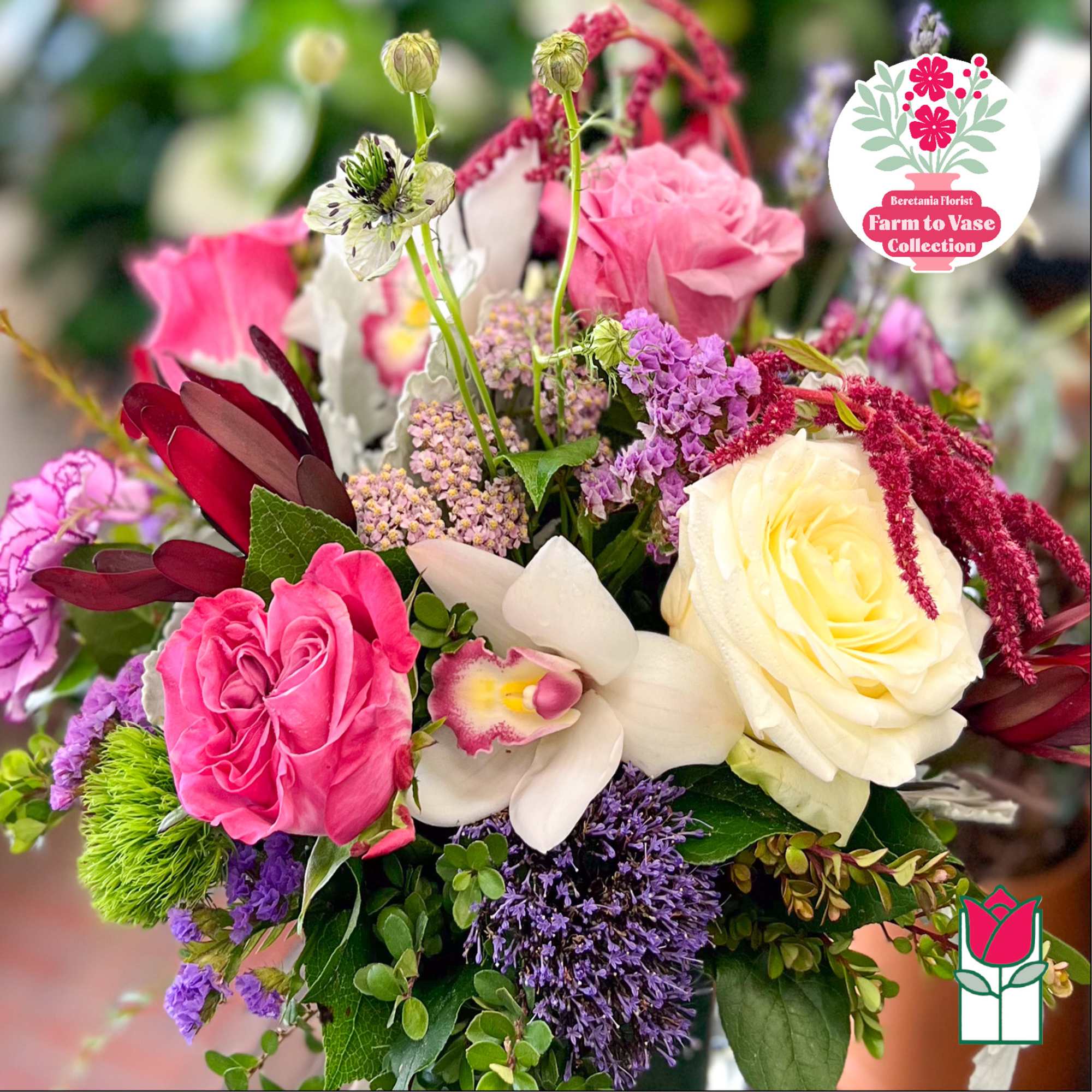 Mixed bouquet with pink and white roses and purple flowers