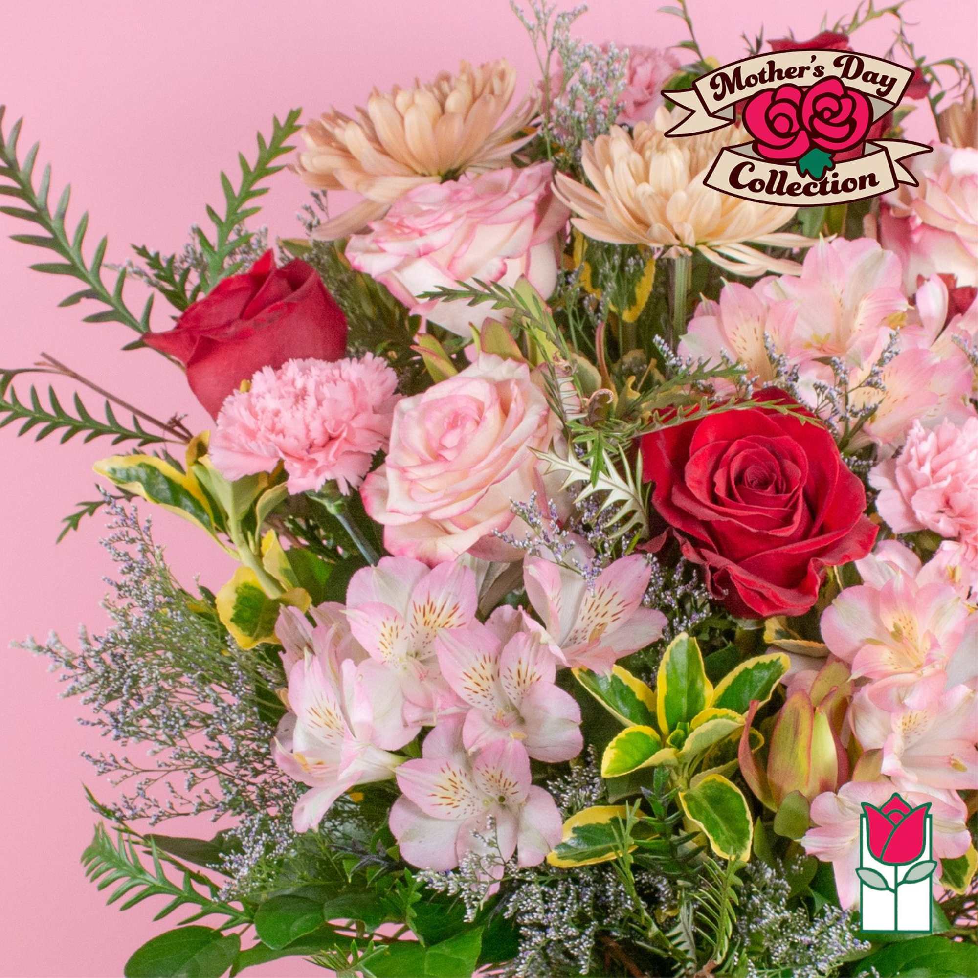 Mixed bouquet of red roses, pink roses, carnations, alstroemeria, and mums on a pink background