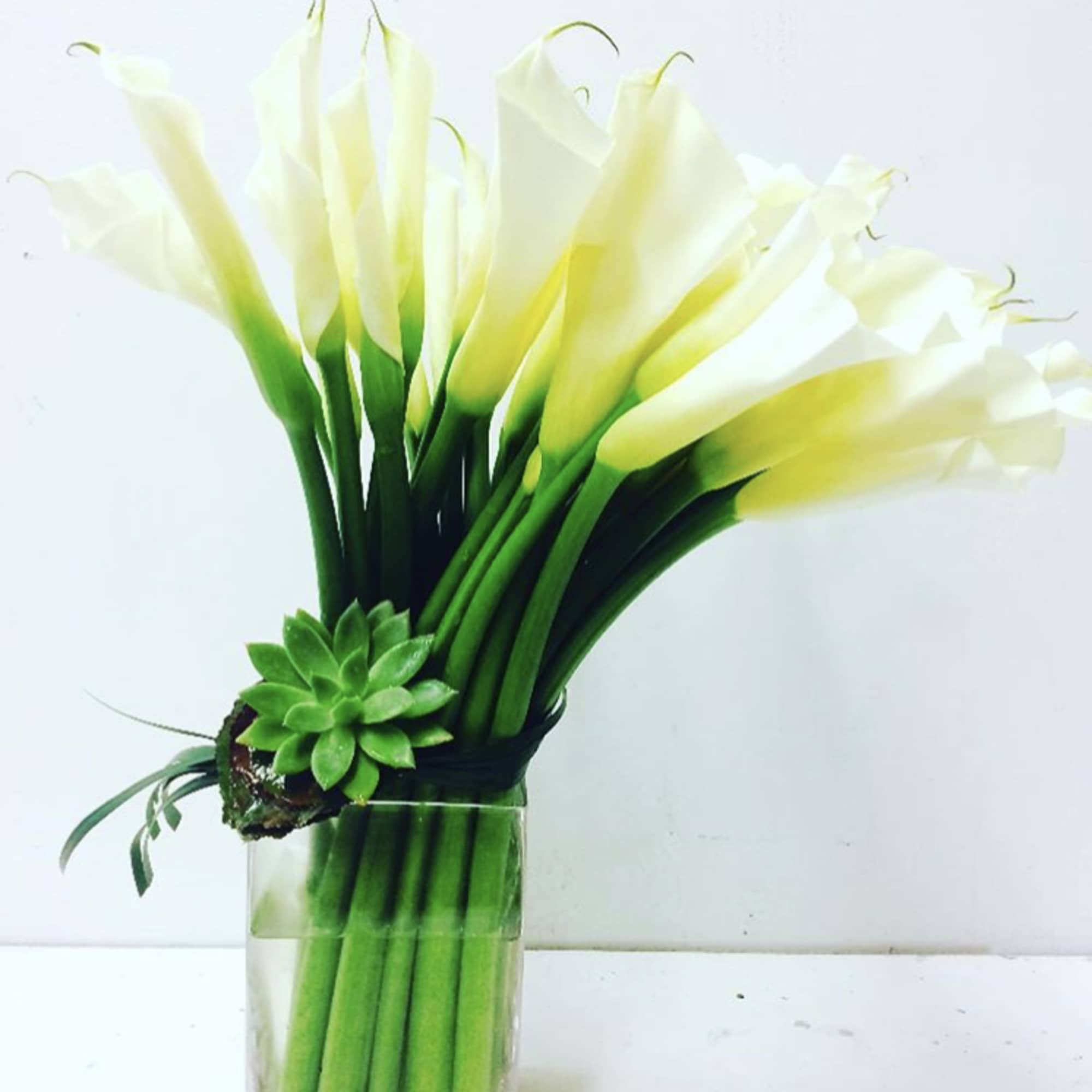 White calla lilies in a clear glass vase with a small succulent accent