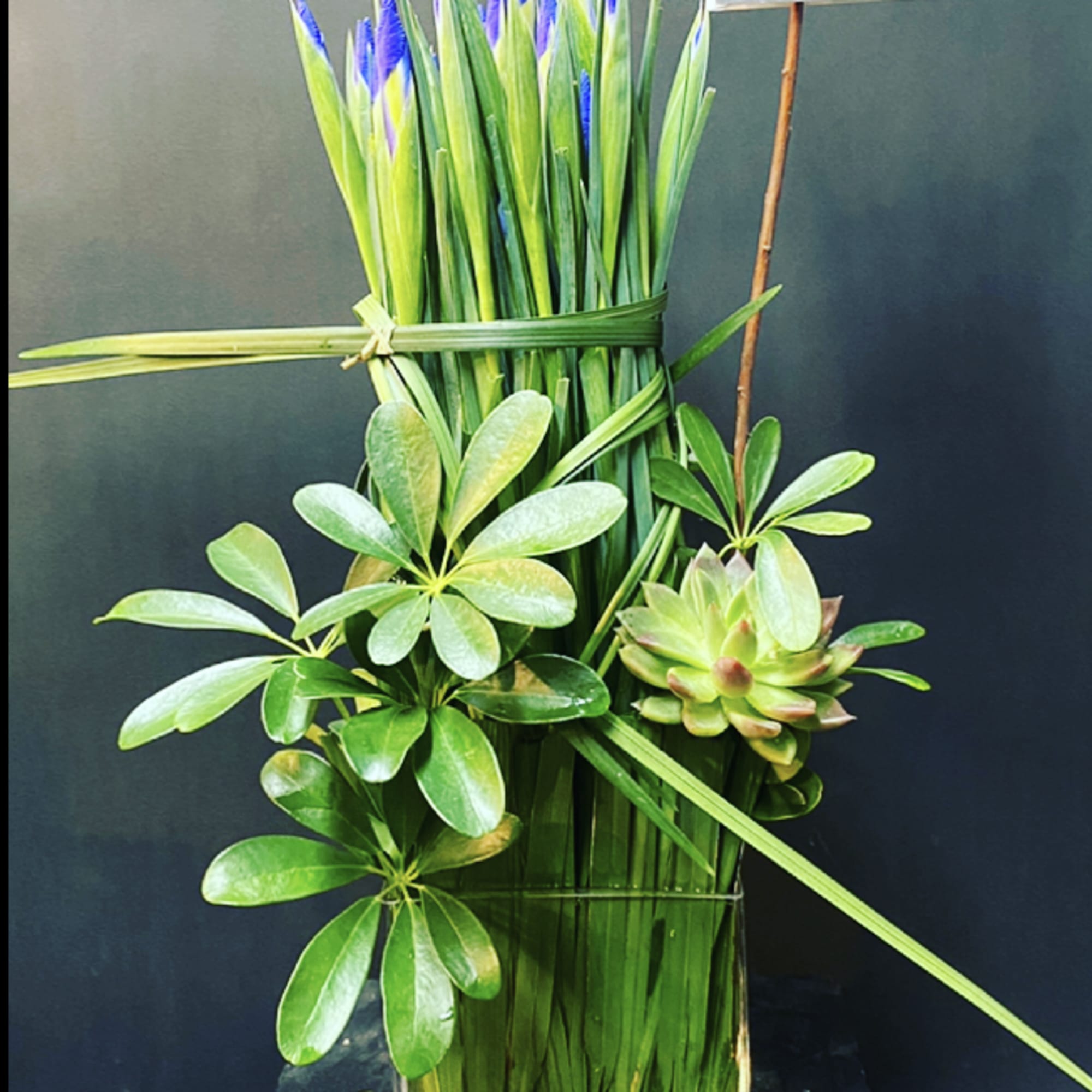 Tall green arrangement with blue iris blooms in a clear glass vase