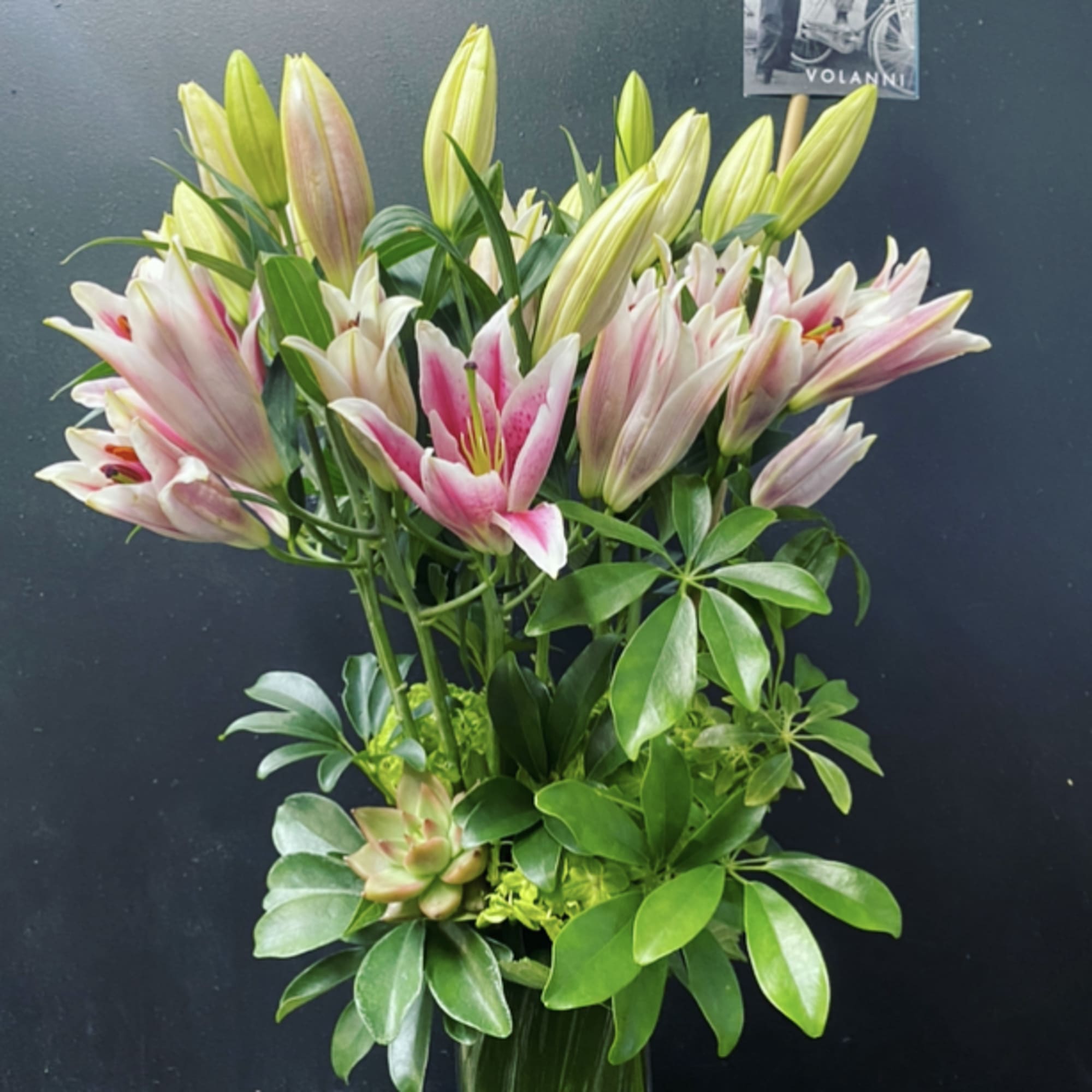Pink and white lilies arranged in a tall glass vase