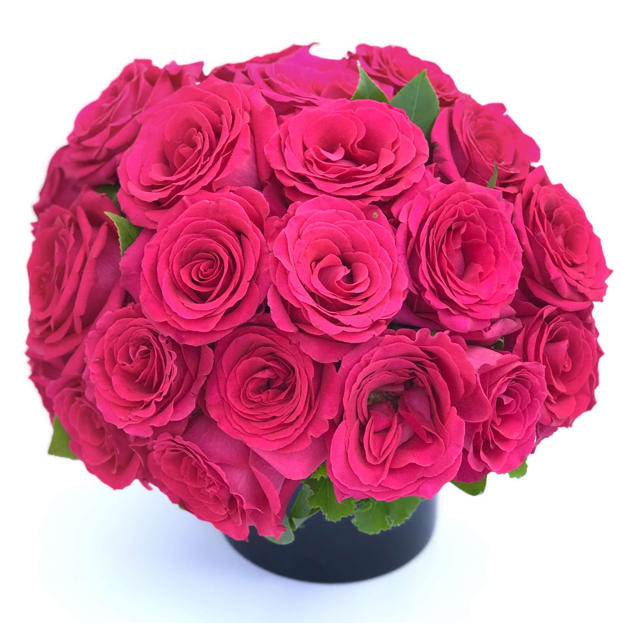 Bright pink rose bouquet in a black container