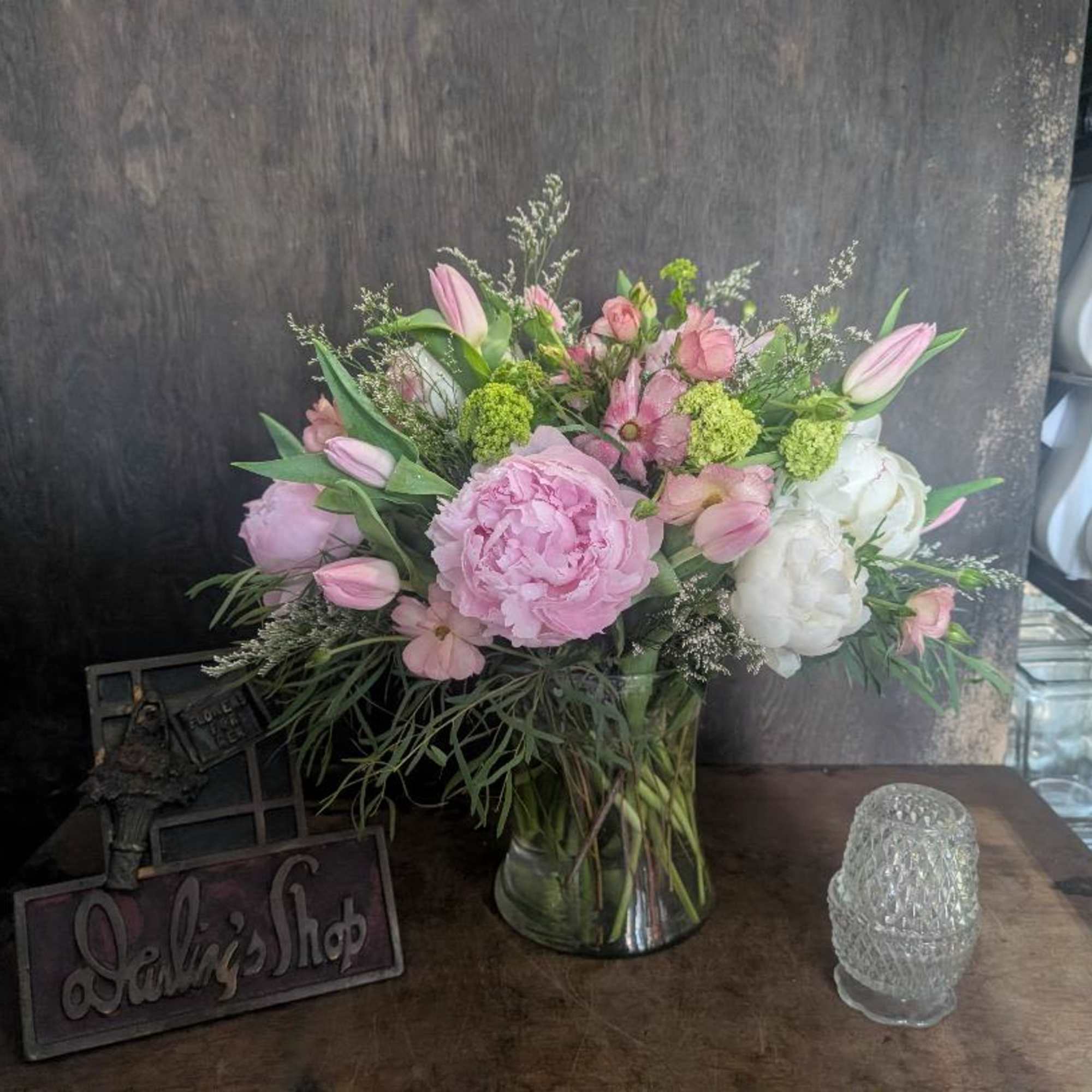 Pink and white peonies, pink tulips and more 