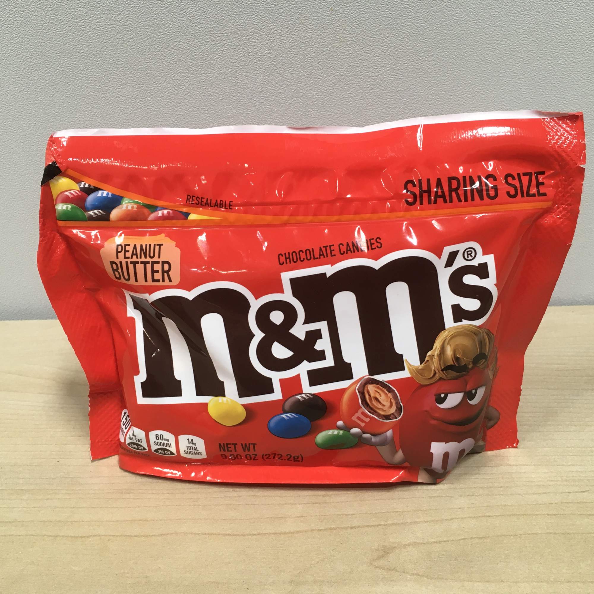 Bag of peanut butter M&M's candy on a table