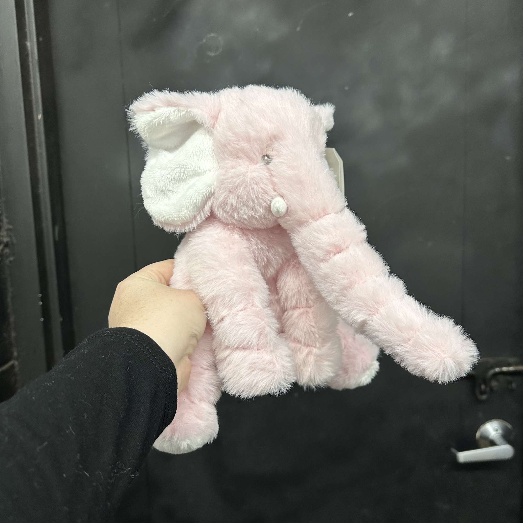 Hand holding a small pink plush elephant