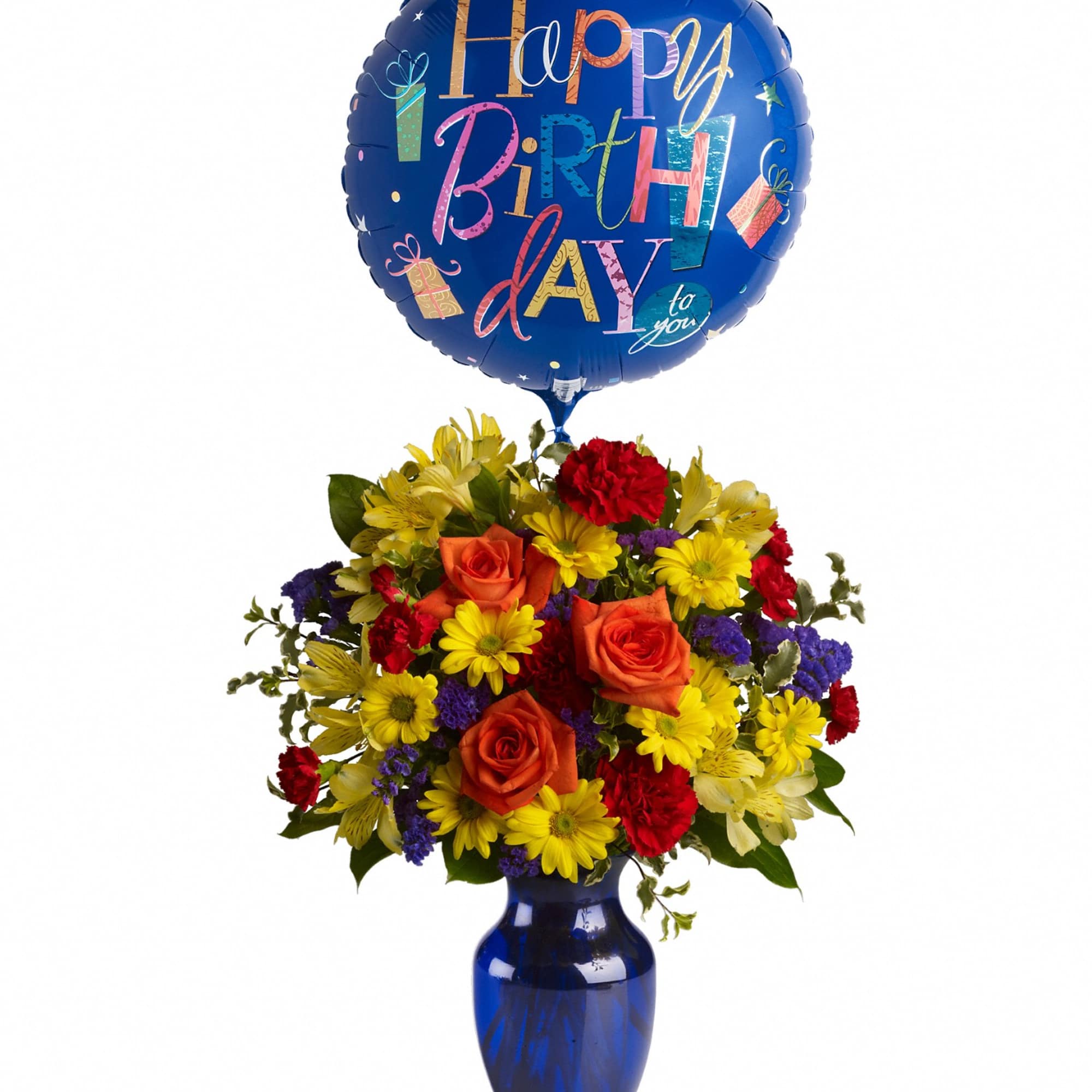 Birthday bouquet with a blue balloon in a vase