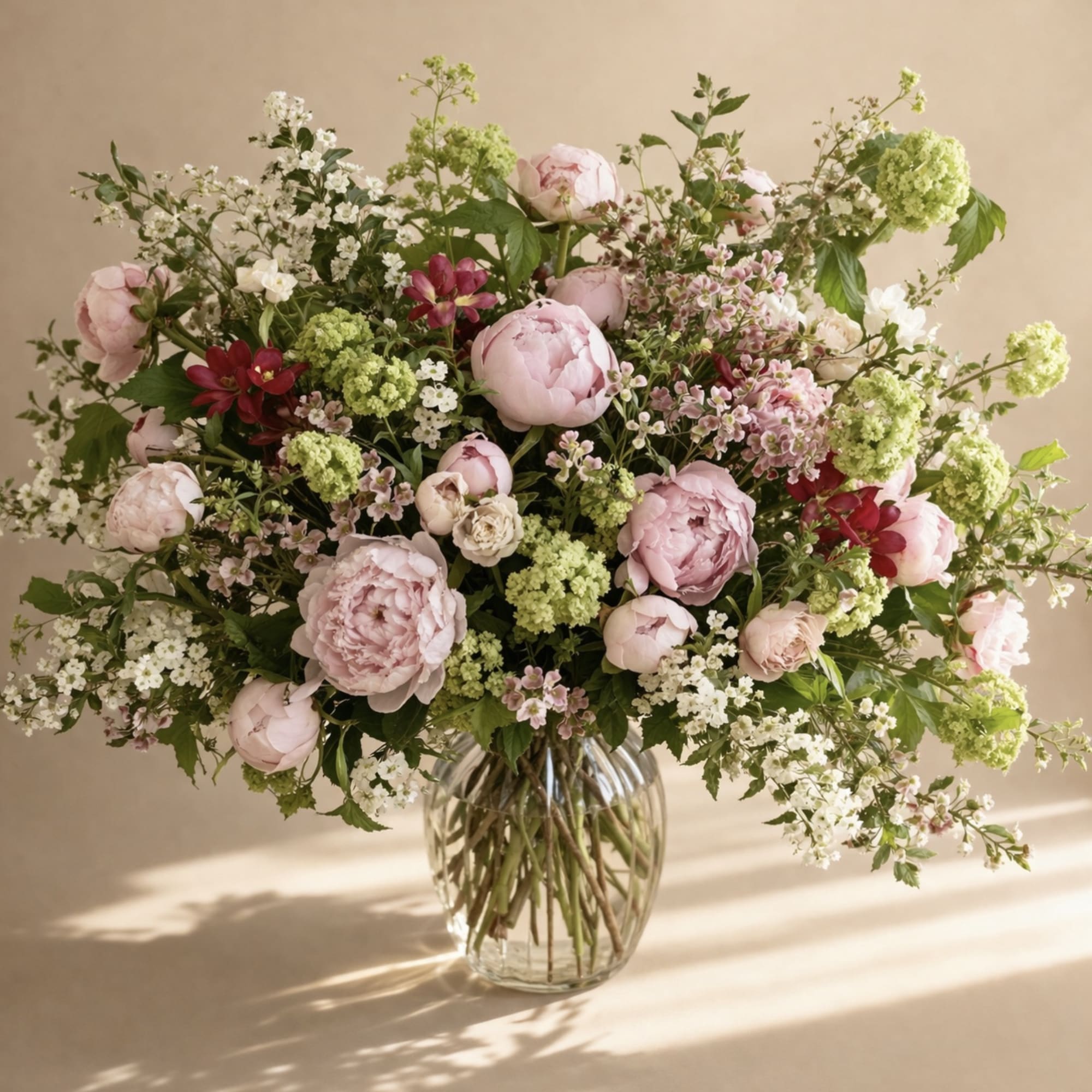 Large bouquet of pink peonies and white filler flowers in a glass vase
