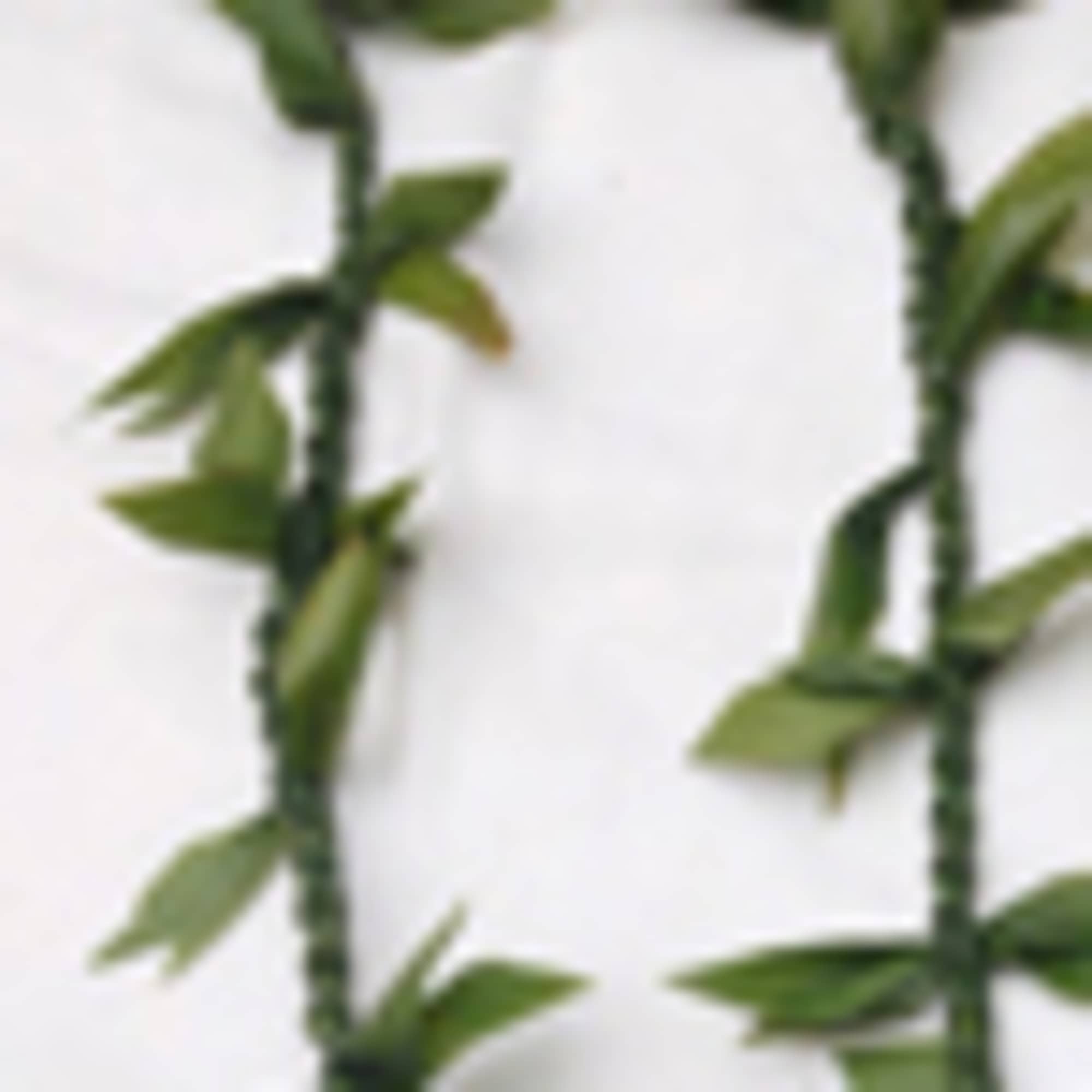 Close-up of a green leafy garland on a white background
