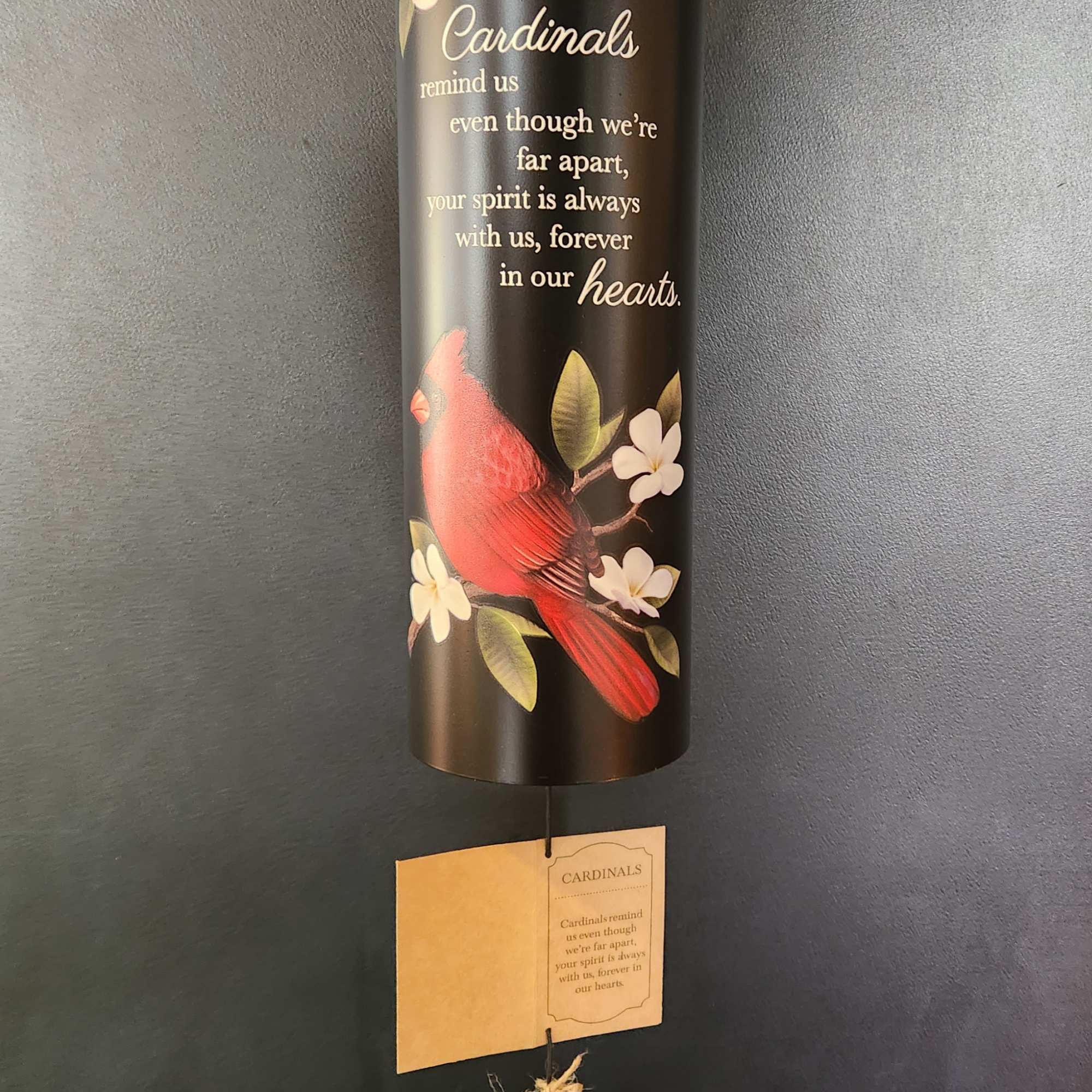 Hanging memorial wind chime with cardinal and flower design