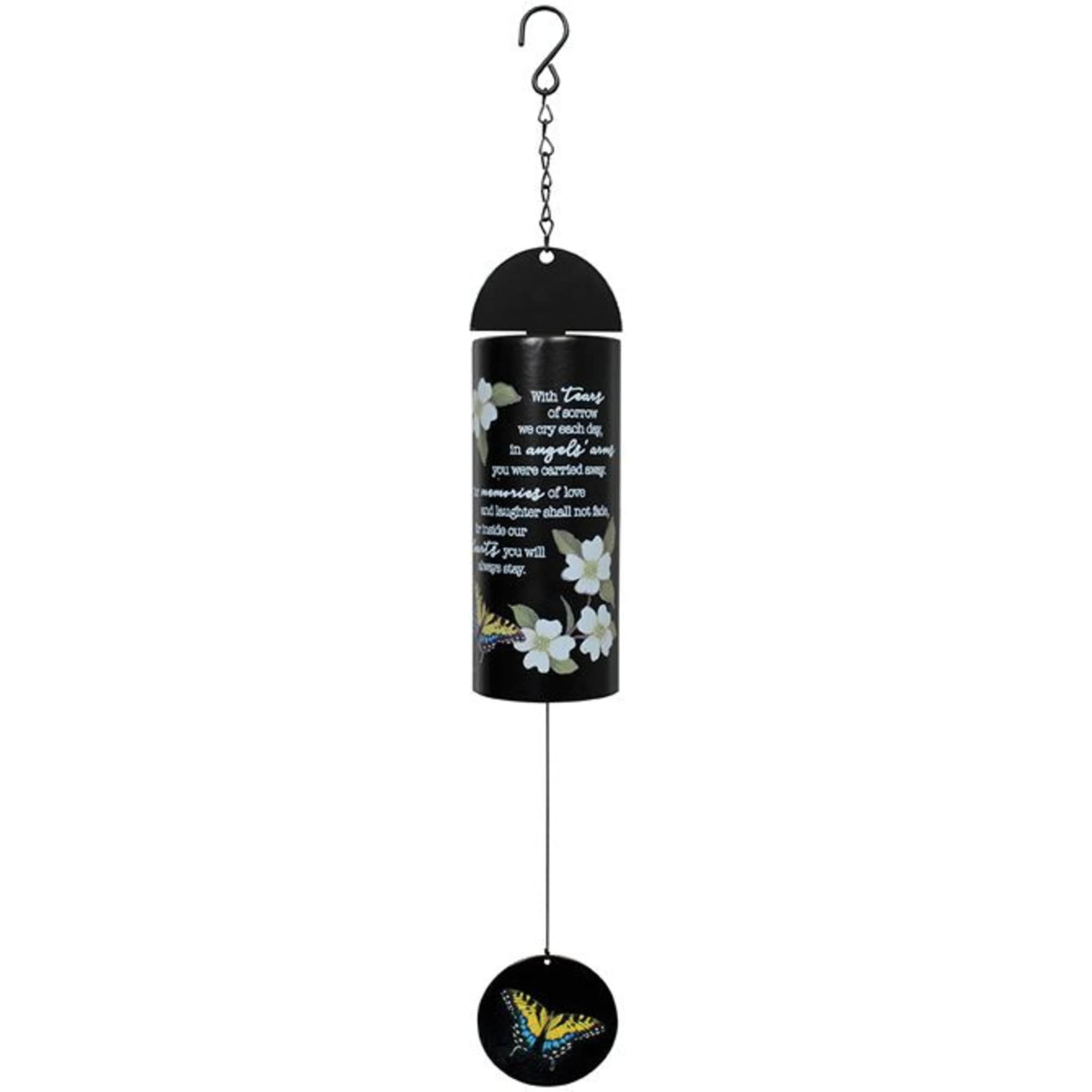 Black memorial wind chime with white flowers and a butterfly pendant