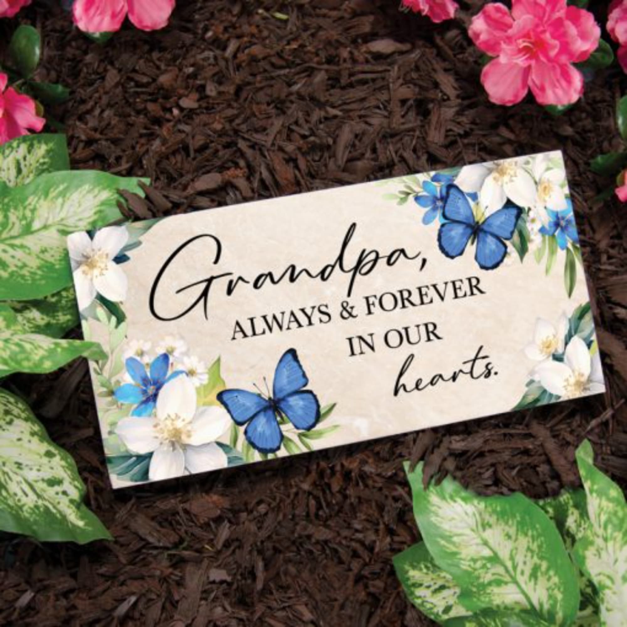 Sympathy card reading "Grandpa, always & forever in our hearts" with blue butterflies