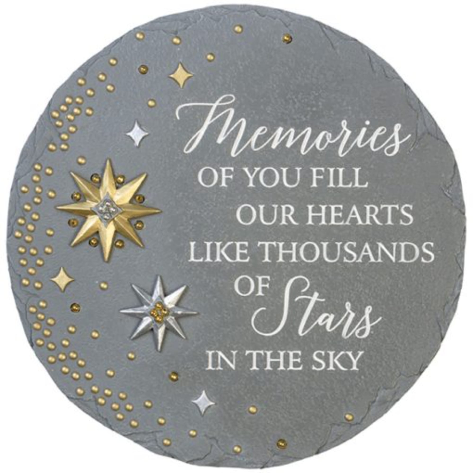 Round gray memorial plaque with star decorations and a sympathy message