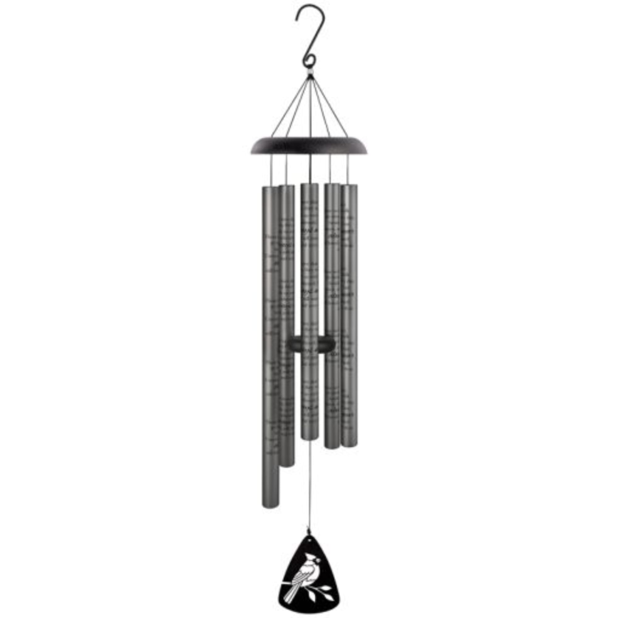 Black metal wind chime with five tubes and a bird pendant