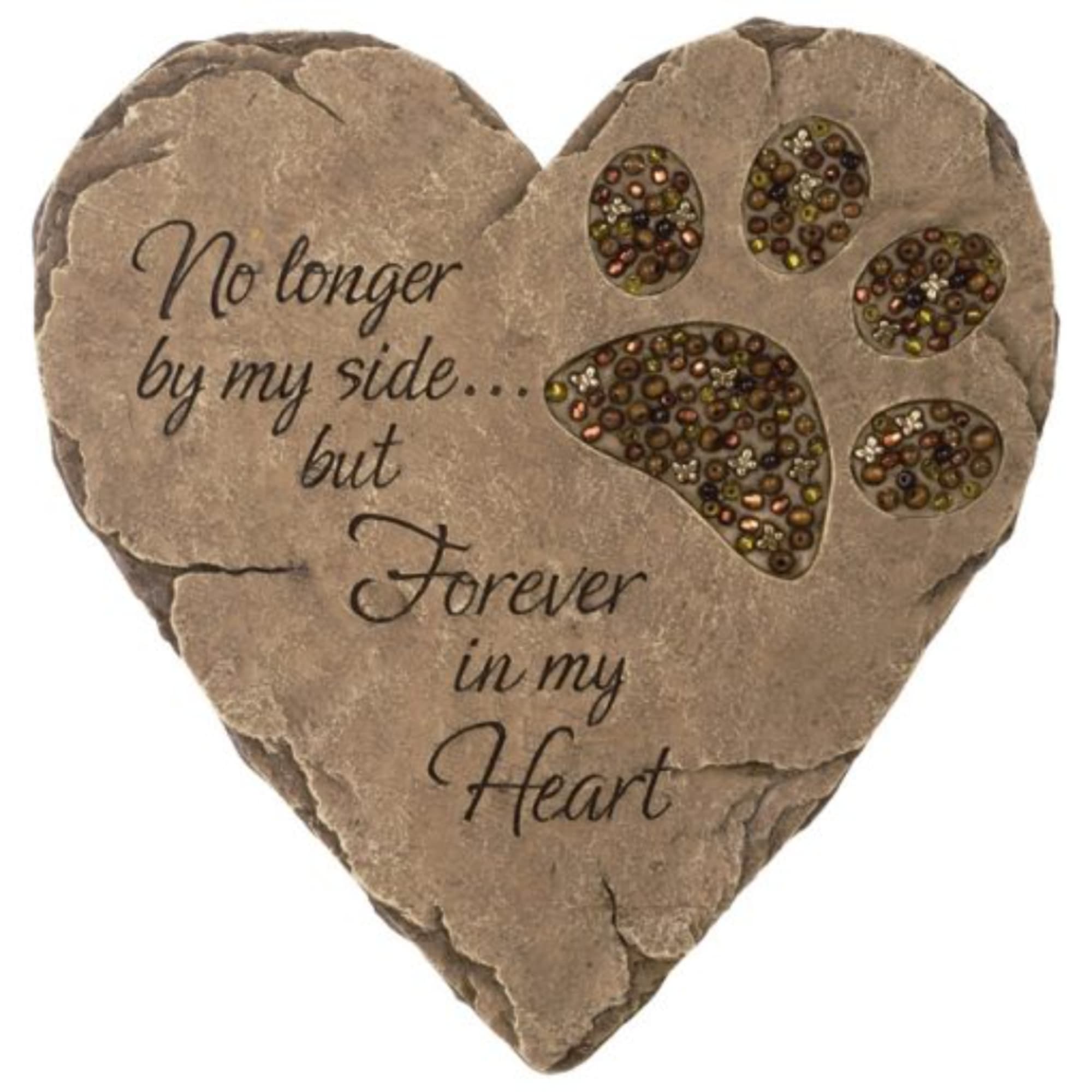 Heart-shaped memorial plaque with paw prints and sympathy text