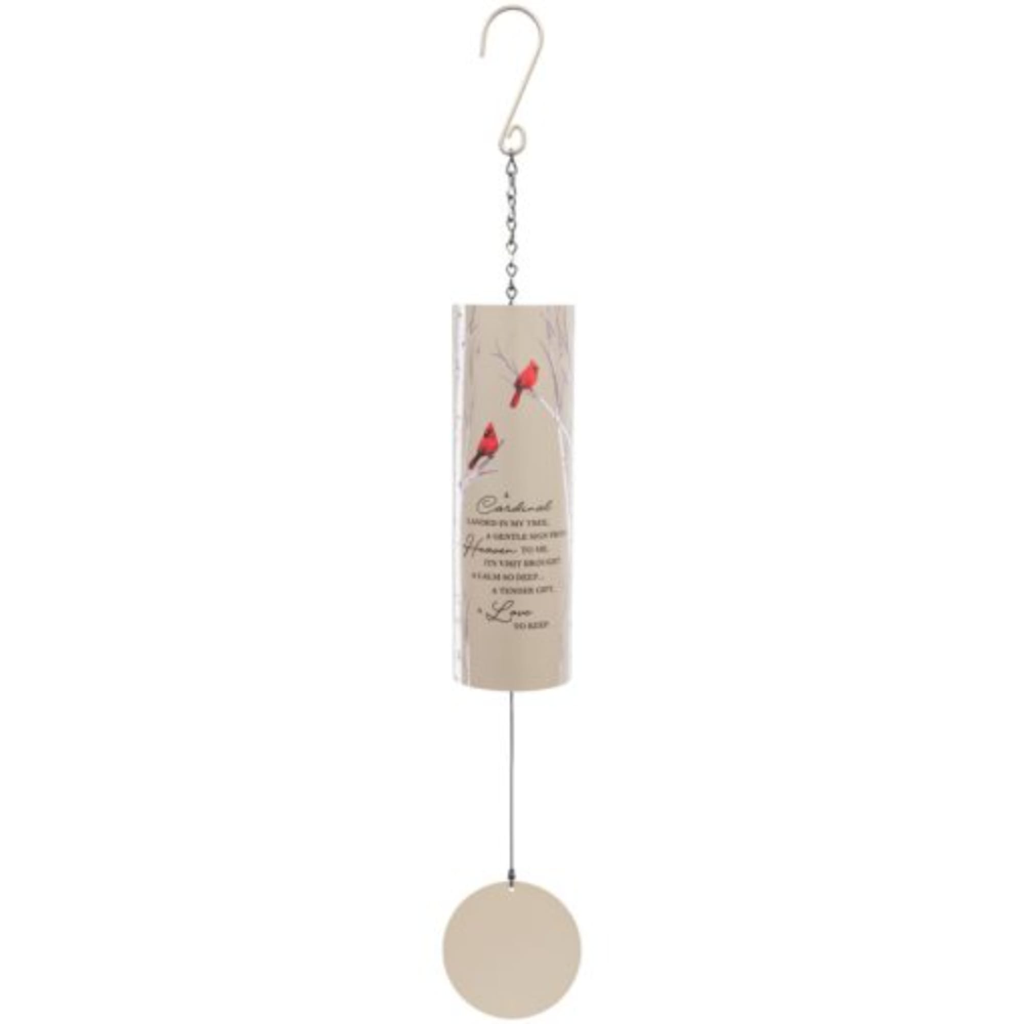 Hanging metal wind chime with a beige cylindrical tube and round disc