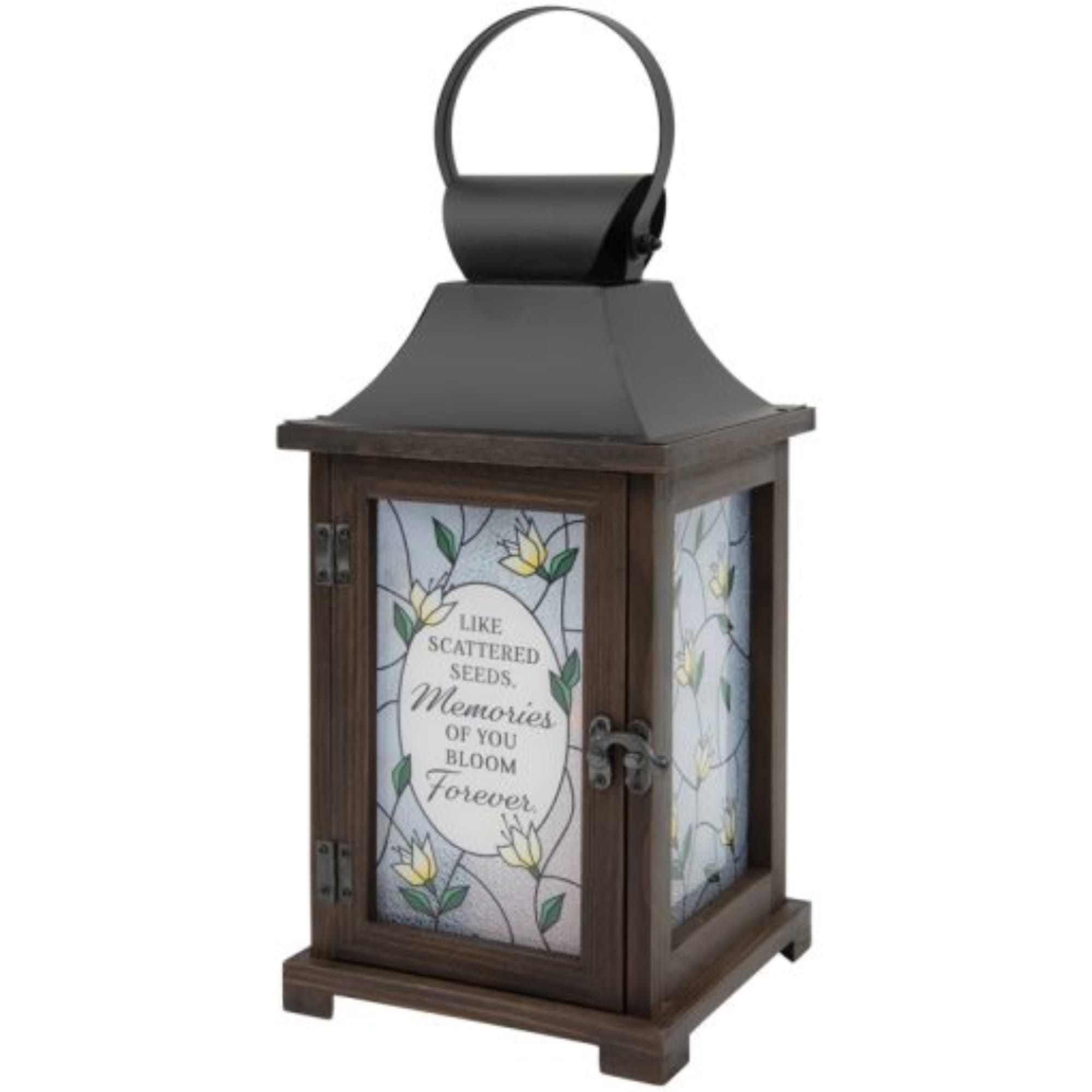 Wooden memorial lantern with floral glass panels and a remembrance message