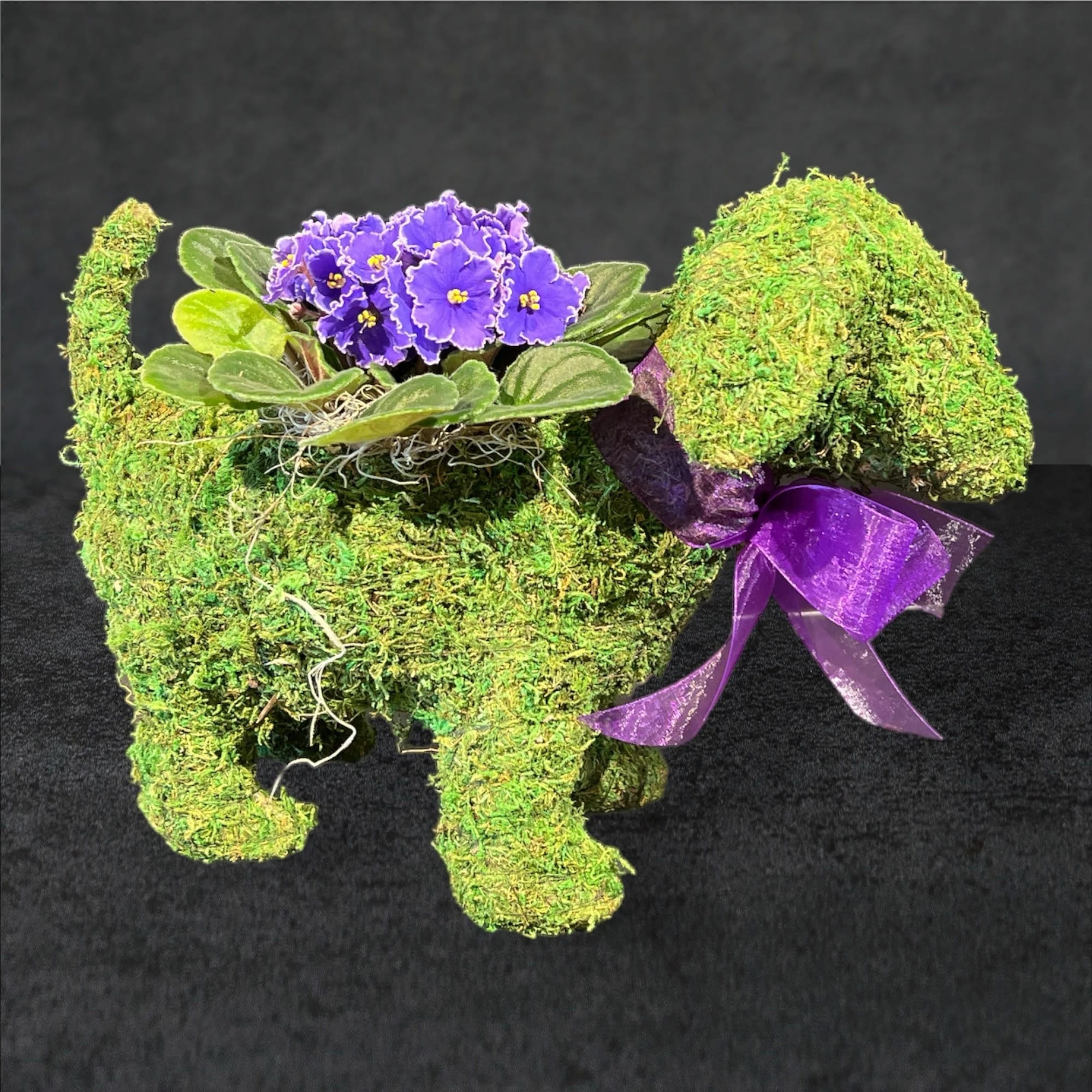 Moss-covered elephant planter with purple flowers and a ribbon