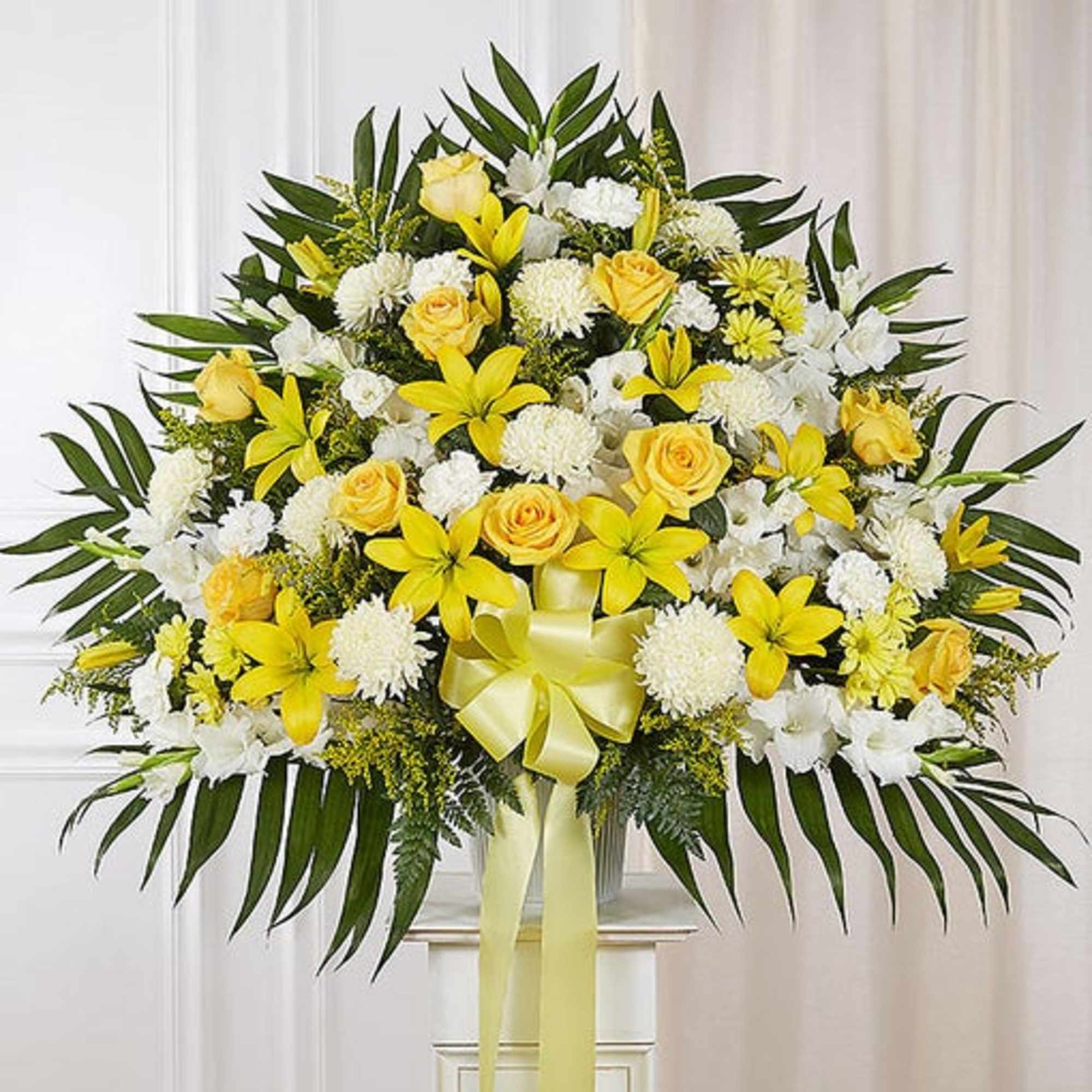 Yellow and white floral standing spray with a ribbon bow, photo 3 of 3
