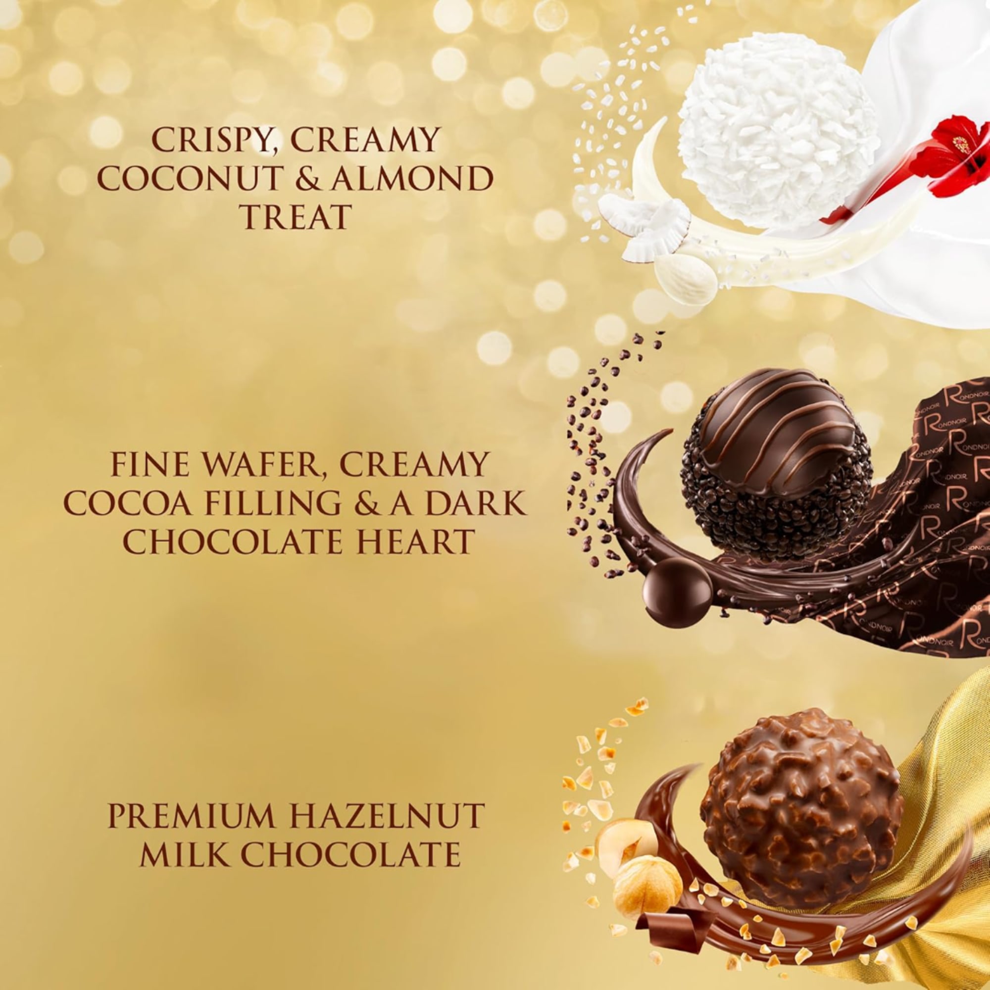 Promotional graphic for assorted chocolate treats with coconut and hazelnut flavors