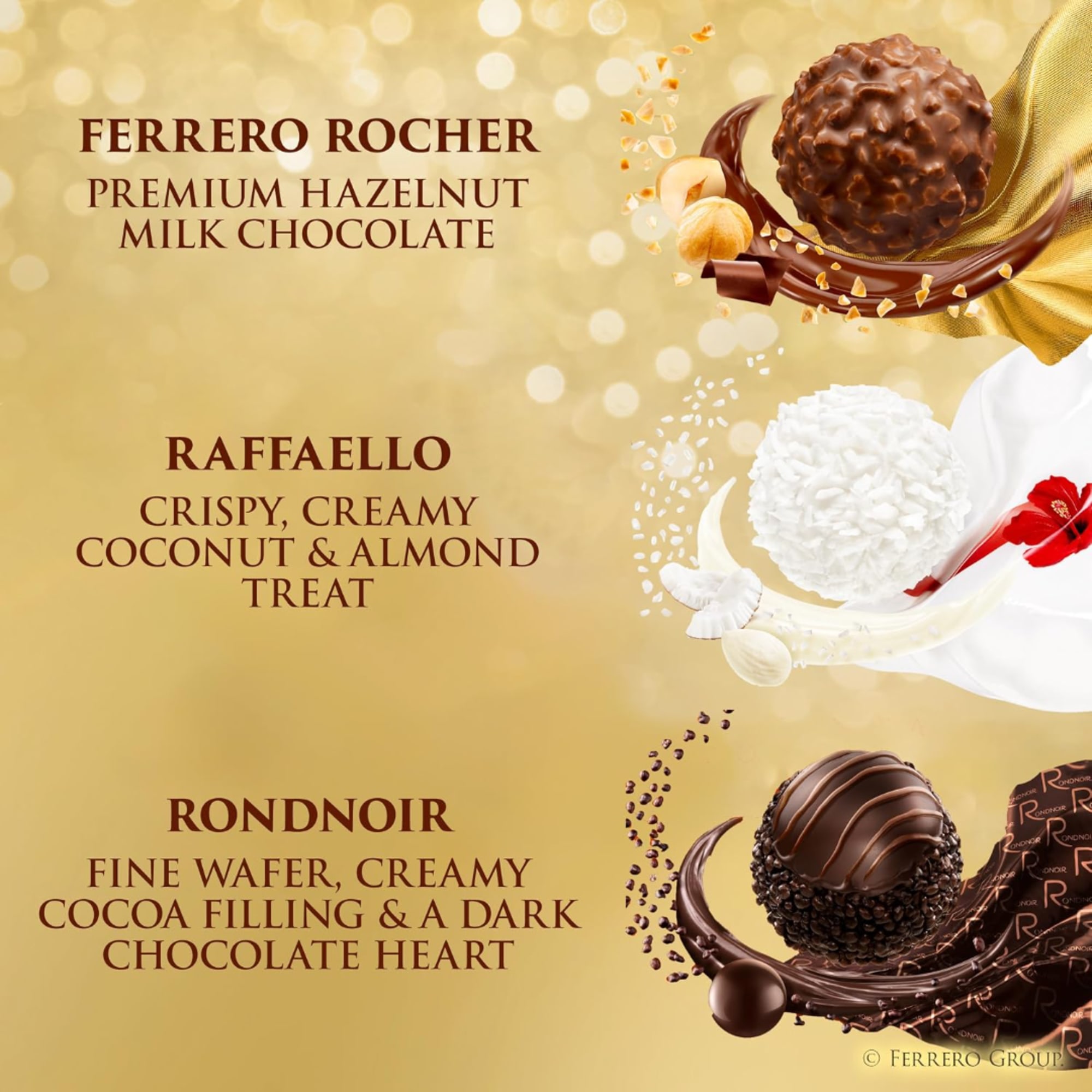 Ferrero Rocher, Raffaello, and Rondnoir chocolates on a gold background with text