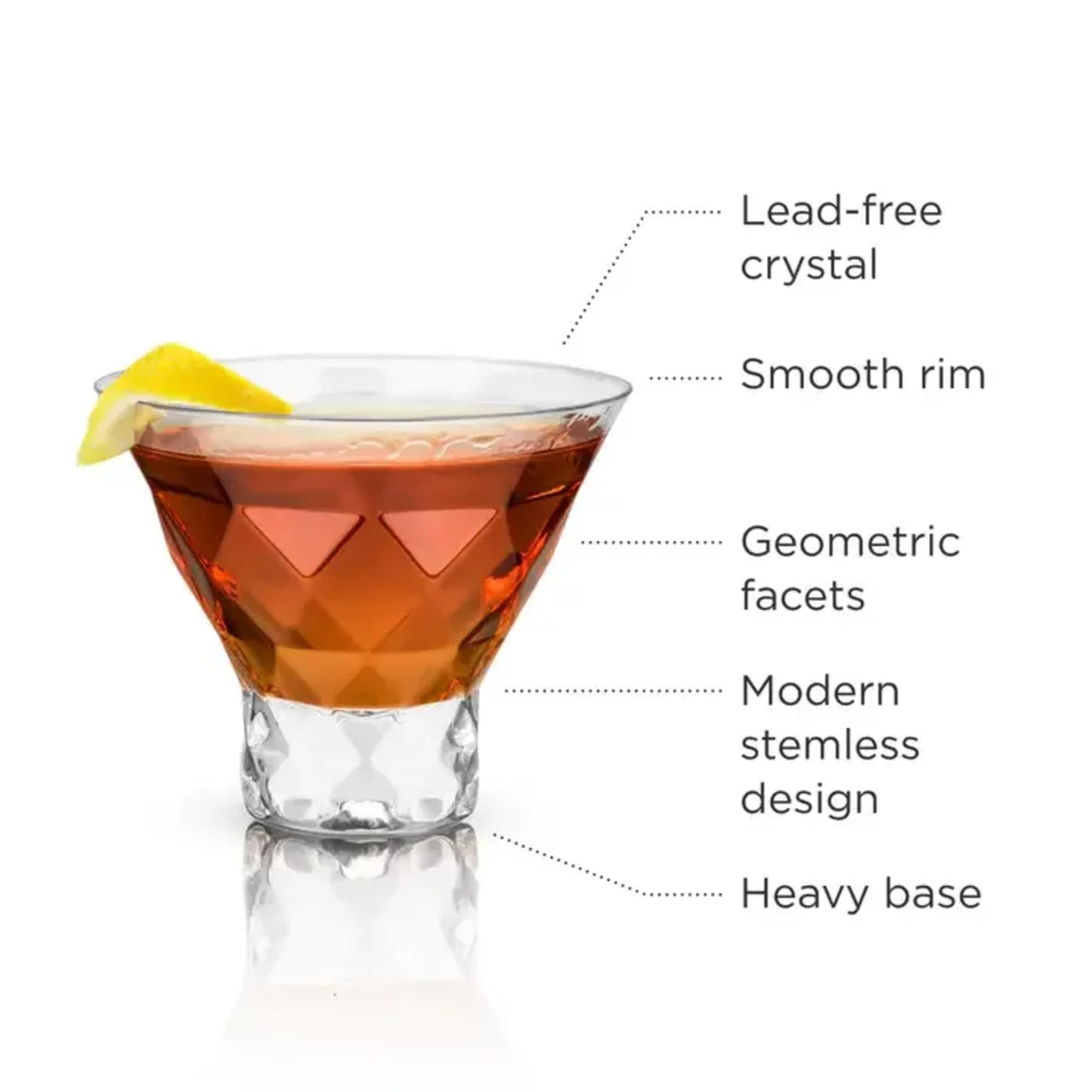 Stemless faceted cocktail glass with an orange drink and lemon wedge
