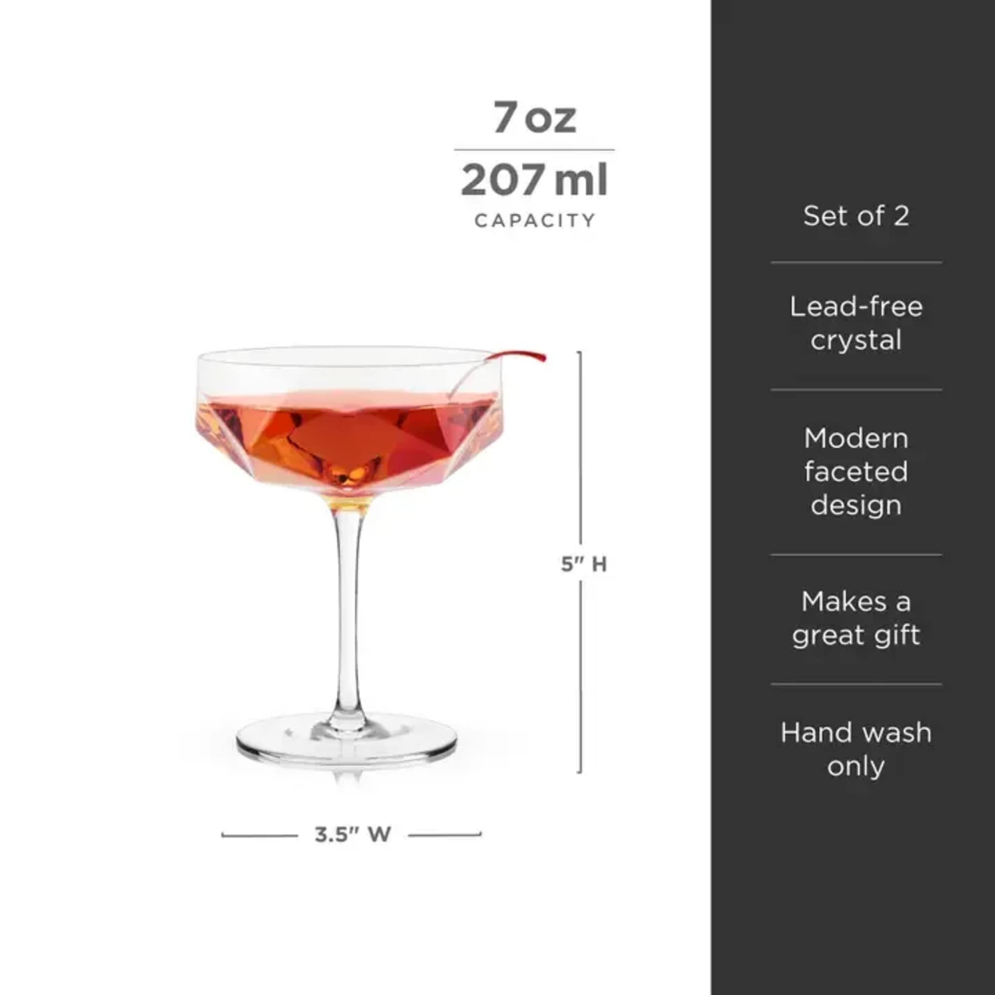 Faceted crystal coupe glass with a pink drink, shown as a set of two