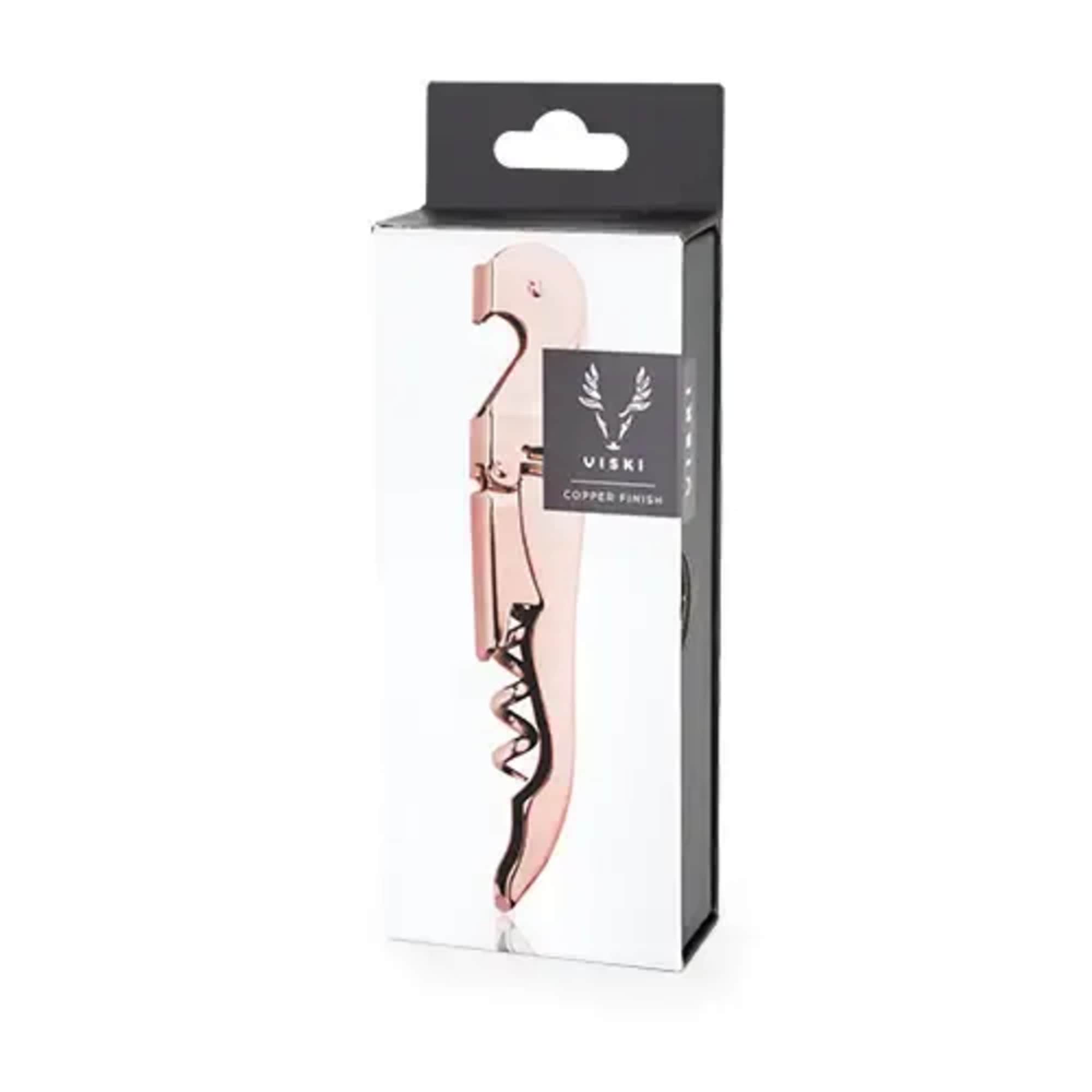 Boxed copper-colored wine opener with a corkscrew