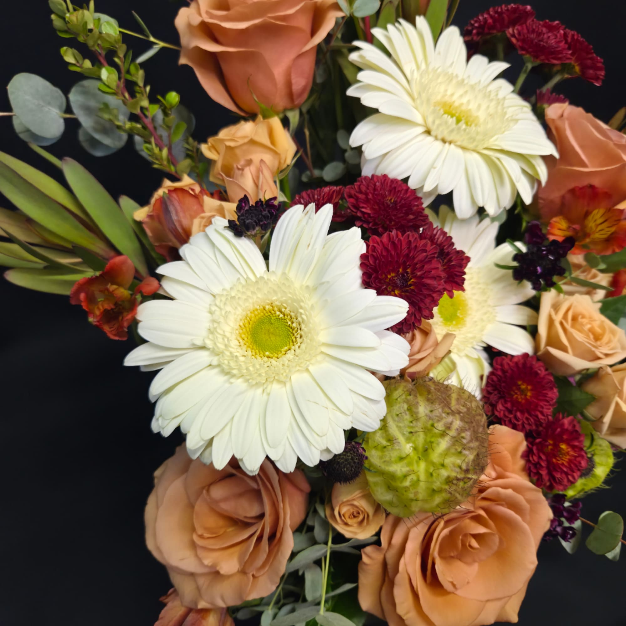 Bouquet of peach roses and white gerbera daisies with burgundy accents
