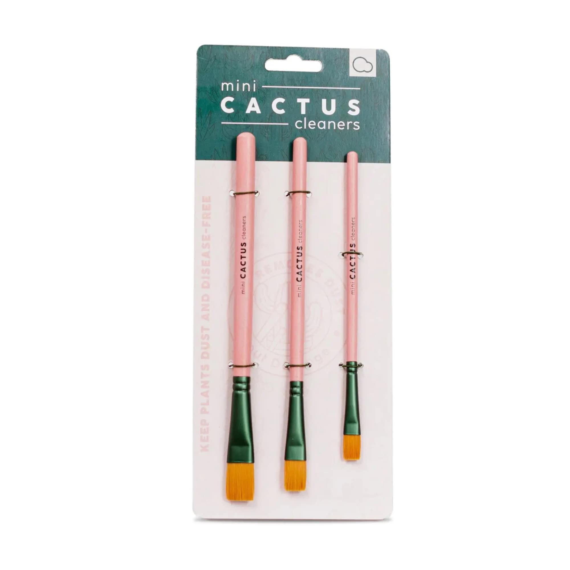 Pack of three mini cactus cleaners with pink handles and green brush ends